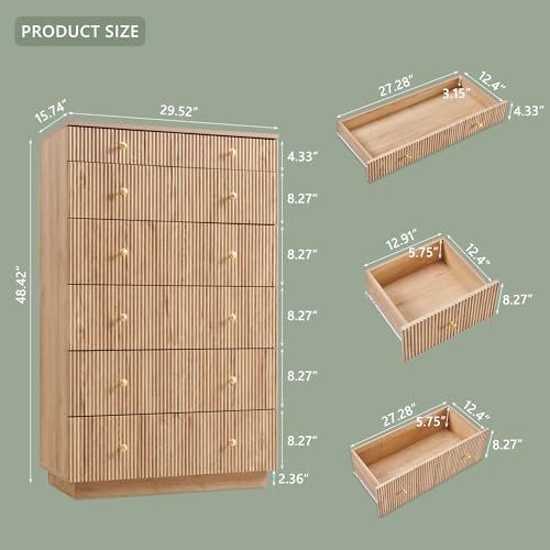wow97e Fluted 7 Drawer Dresser for Bedroom, 48" Tall Natural 7 Drawer & Chests of Drawers, Wood Modern Chest of Drawers with Deep Storage for Bedroom, Closet Hallway, Entryway, Living Room, Natural