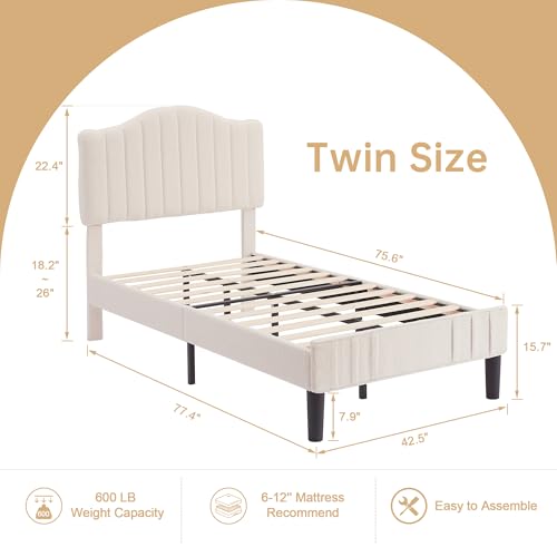VECELO Twin Bed Frame Upholstered Platform Bed Frame with Height Adjustable Teddy Fabric Headboard, Strong Wood Slats Supports 7.9'' Under Bed Space Noise Free No Box Spring Needed, Cream