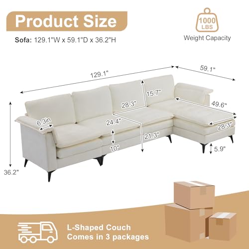 VINGLI 129” Oversized L-Shaped Cloud Sectional Sofa,Memory Foam Couch with Reversible Chaise Lounge,Comfy Couch with Double-Layer Deep Seat Cushions,Modern Sofa for Living Room,Chenille,Creamy White