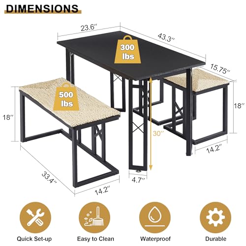 VECELO 43.3" Dining Table Sets, Farmhouse Small Kitchen Table for 4 with 2 Benches Wicker Mats,Metal Frame Space-Saving Adjustable Feets Coffee Table for Home Kitchen Dining, Pitch Black