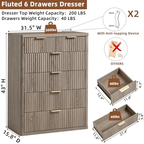 LEYAOYAO Fluted 6 Drawers Dresser for Bedroom, 43" Tall Modern Chest of Drawers with Metal Handle, Curved Profile Design,Grey Wood Drawer Organizer for Bedroom, Living Room, Hallway, Entryway