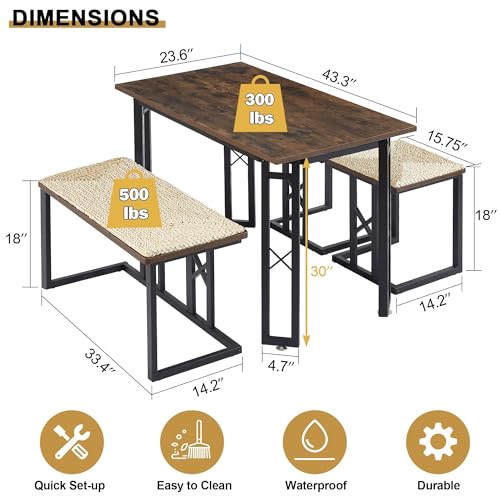 VECELO 43.3" Farmhouse Dining Table Sets, Kitchen Table for 4 with 3 Seats & Wicker Seat Cushions,Metal Frame Space-Saving Adjustable Feets Coffee Table for Home Kitchen Dining, Dark Brown