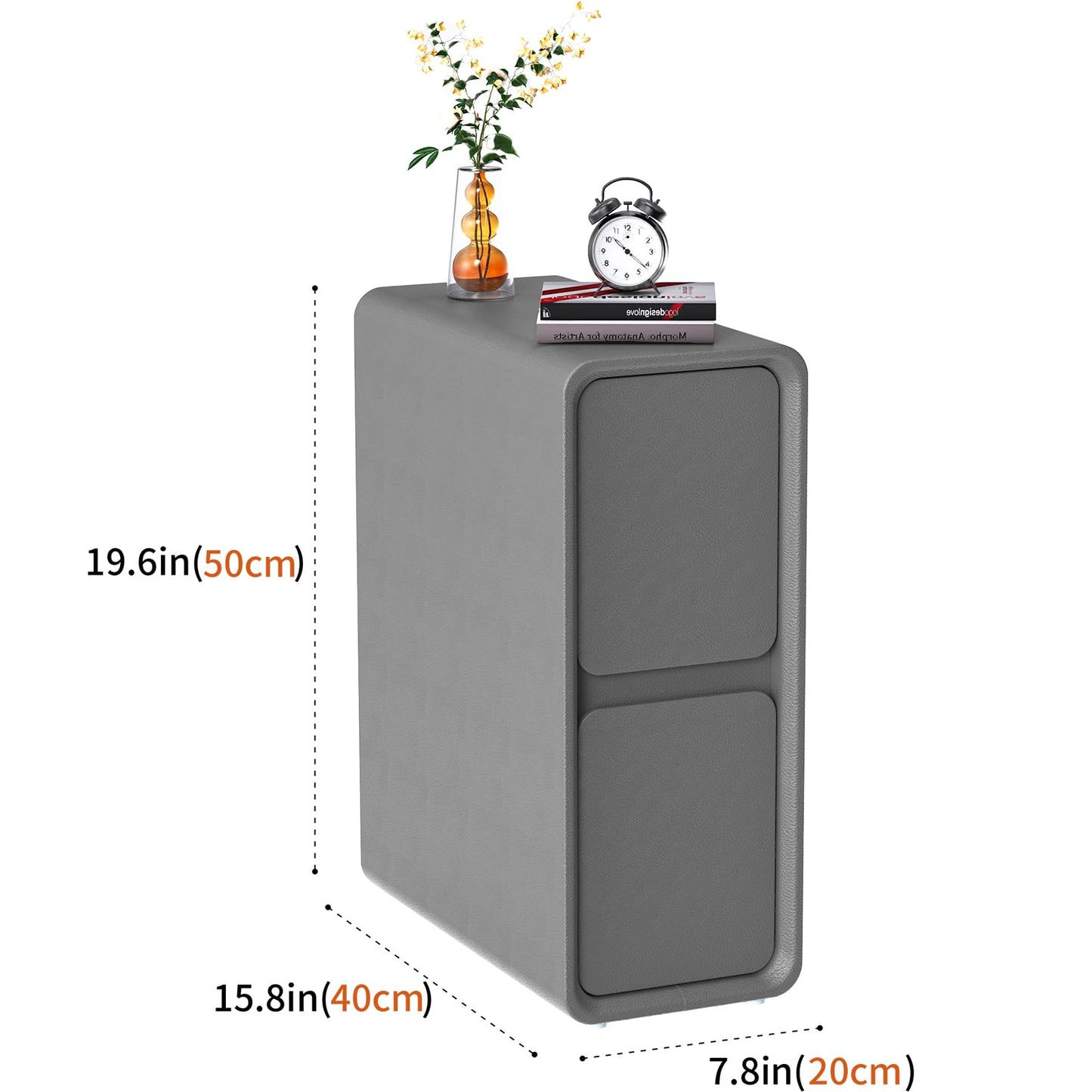 VICITON Modern Narrow Faux Leather Nightstand, Solid Wood Drawer, Storage Accent Table, Small Side End Table for Bedroom (Gray, Narrow)