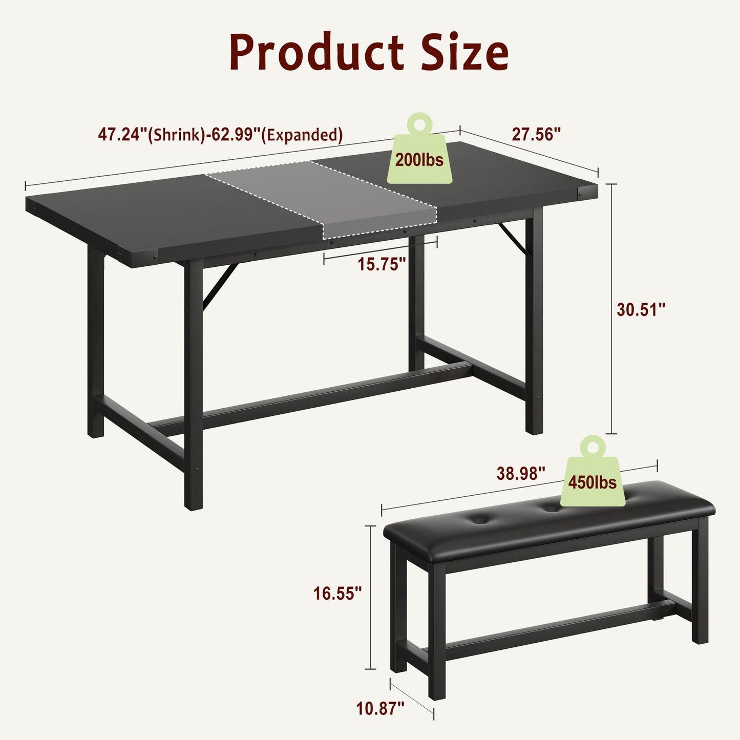 CABIHOME Dining Table Set for 4-6, 63" Extendable Dining Room Table Set With 2 Upholstered Benches, 3 Piece Large Rectangle Kitchen Table Set With Metal Frame for Apartment, Saving Space, Rustic Black