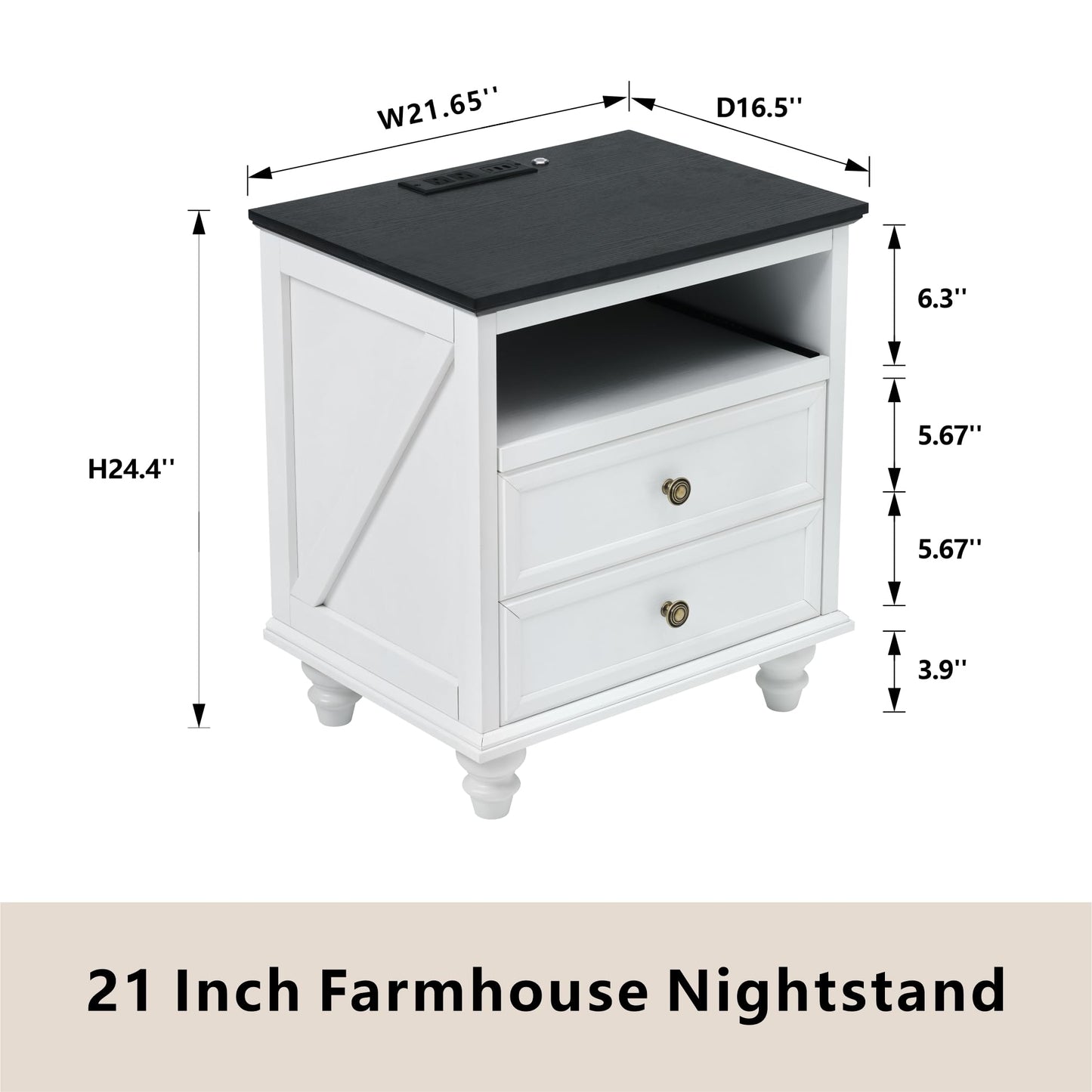 21" Farmhouse Nightstand with Charging Station,Classic American Style Bedside Table with 2 Drawers Storage,Pull-Out Tray,3-color LED lighting,End Table for Bedroom or Living Room,Bedside Cabinet,White