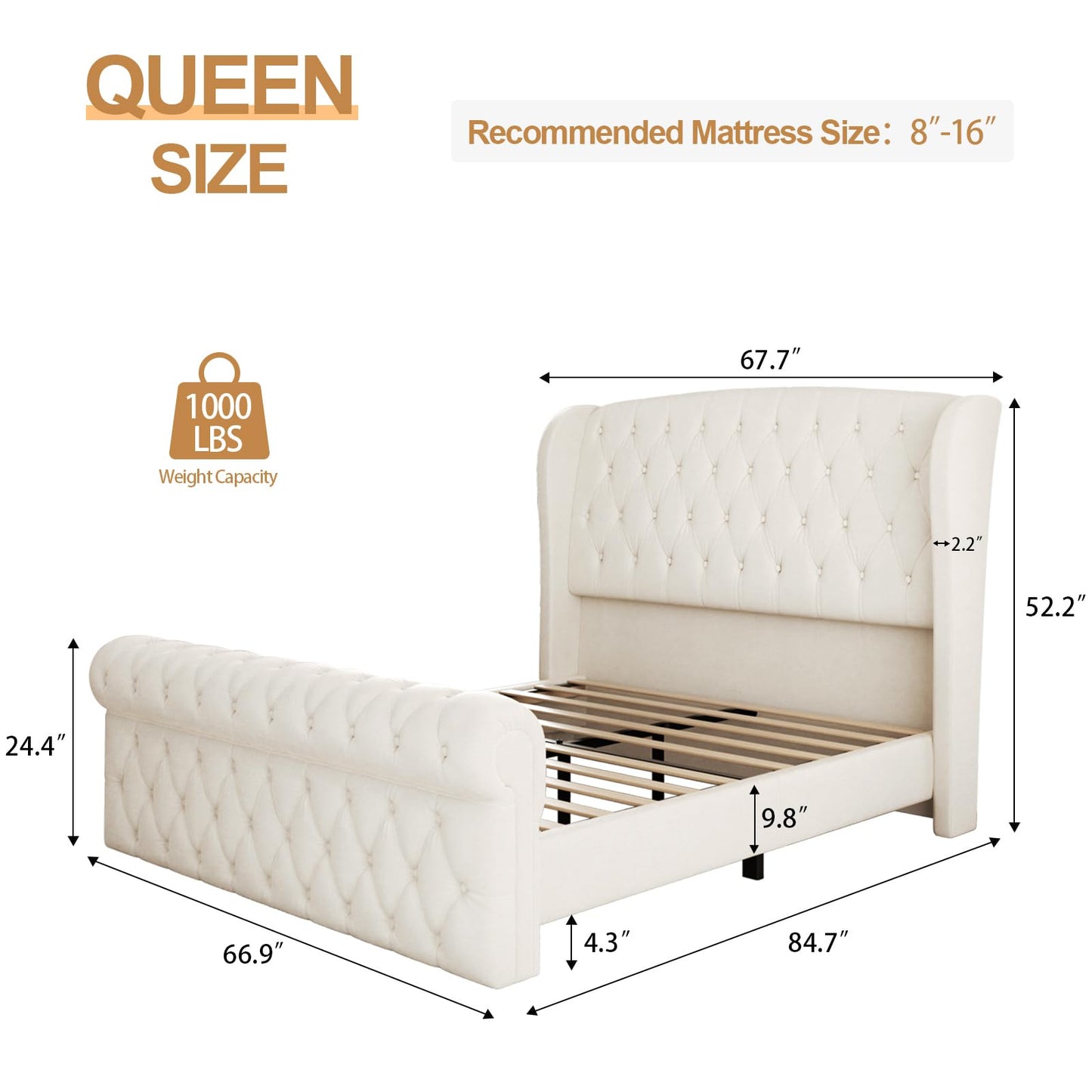 viplov Queen Size Platform Bed Frame, Chenille Upholstered Sleigh Bed with Scroll Wingback Headboard & Footboard, 52" Tall Headboard, Button Tufted, No Box Spring Required, Wood Slats Support, Beige