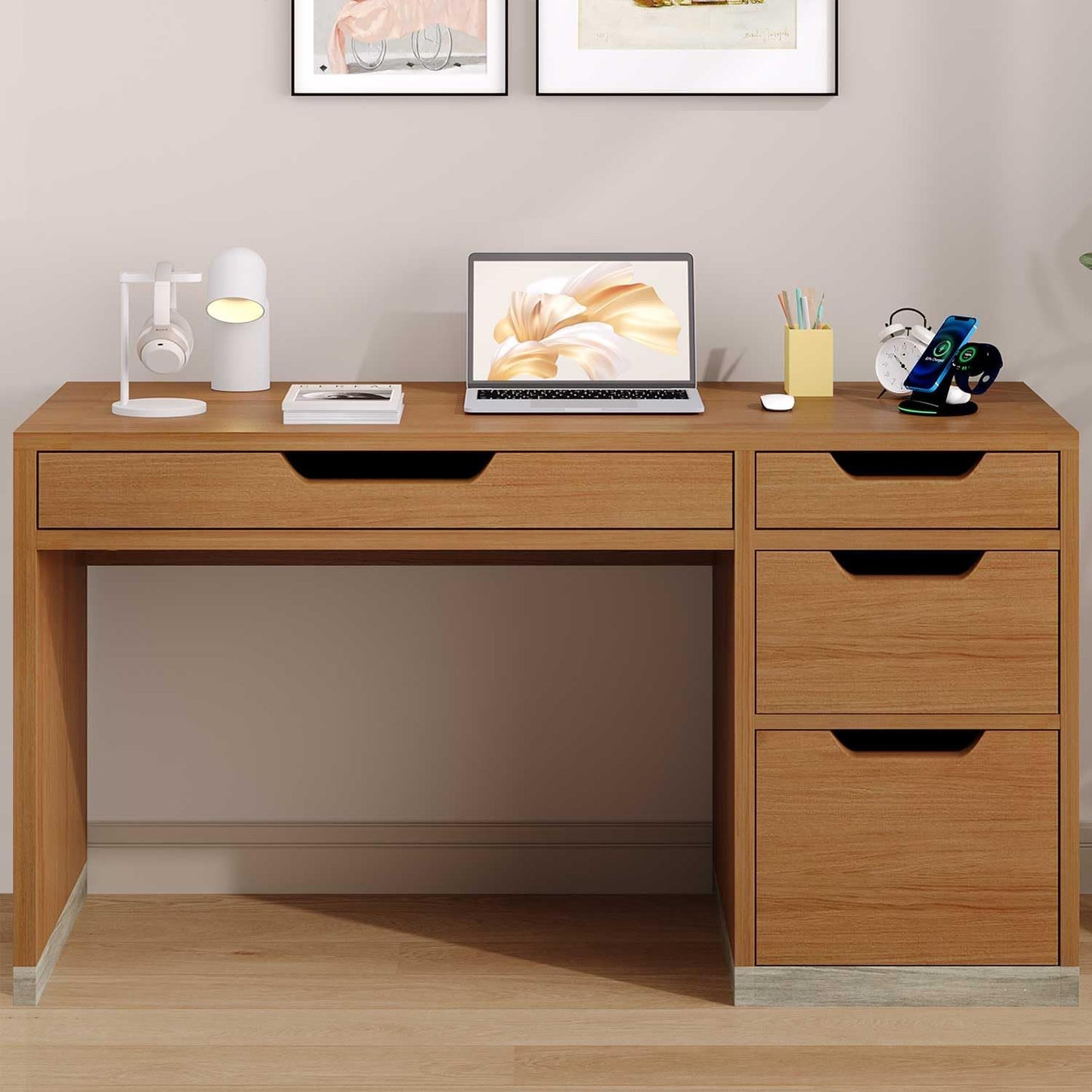 MaverickFurni 52 Inch Desk with 4 Drawers, Small Computer Desk for Small Space, Home Office Desk with Storage File Cabinet for Bedroom, Brown