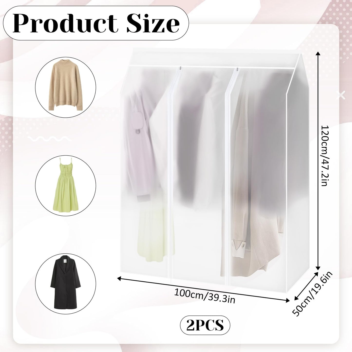 2 Pack 50'' Garment Rack Cover with Zipper, Large Translucent Frosted Garment Bags for Hanging Clothes, Open Closet Cover Clothing Storage Bag for Hanging Dress, Coat, Shirt, Suit