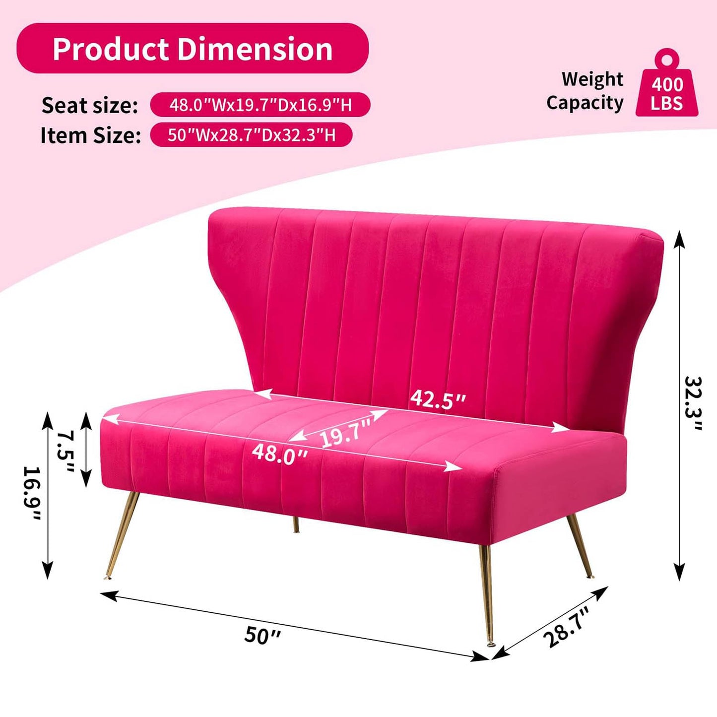 WQSLHX 50’’ Velvet Modern Armless Loveseat Sofa, Upholstered Small Wingback Couch Sofa with Golden Metal Legs, 2 Seater Tufted Couch for Bedroom, Apartment Small Space