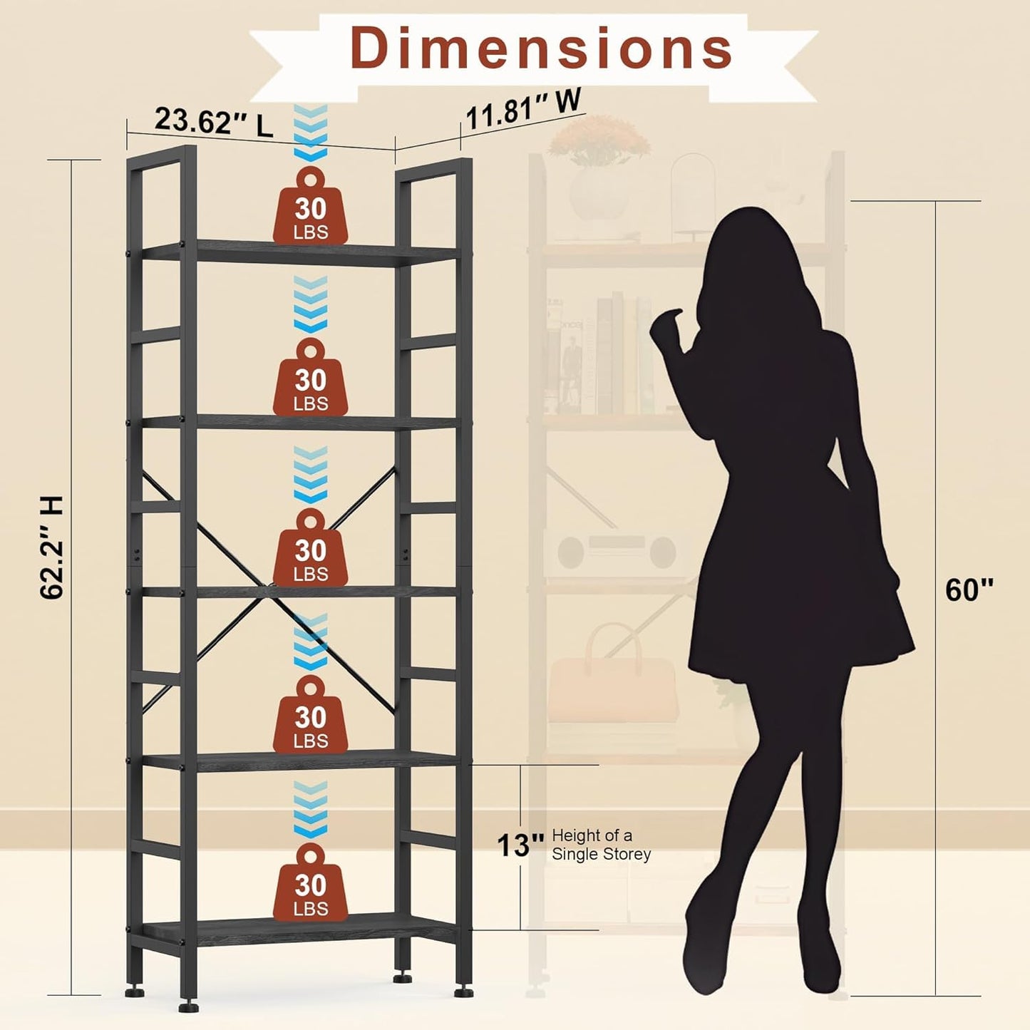 Whitmor 5 Tier Modern Industrial Corner Bookcase - Tall Bookshelf Storage Organizer for Books, CDs, Movies, Garage Supplies - Fits Bedroom, Home Office, Kitchen, Living Room - Black