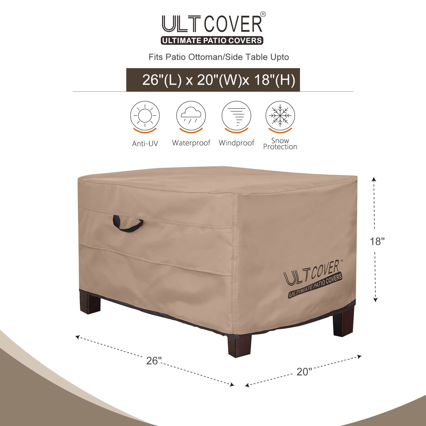 ULTCOVER Waterproof Patio Ottoman Cover Rectangular Outdoor Side Table Furniture Covers Size 26L x 20W x 18H inch