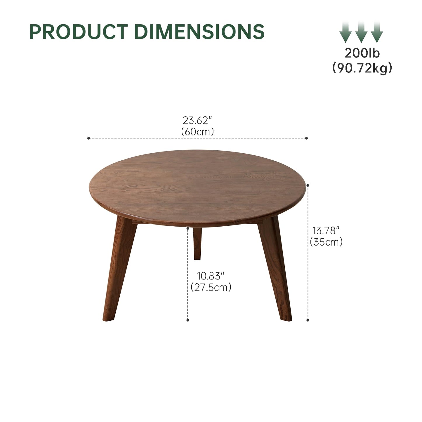 Vadisun 100% Solid Oak Wood Mini Coffee Table, Round Living Room Table Side Table w/Solid Wood Legs, Walnut Mid Century Sturdy Tables for Bedroom Balcony Living Room (23.62" D x 13.78" H)