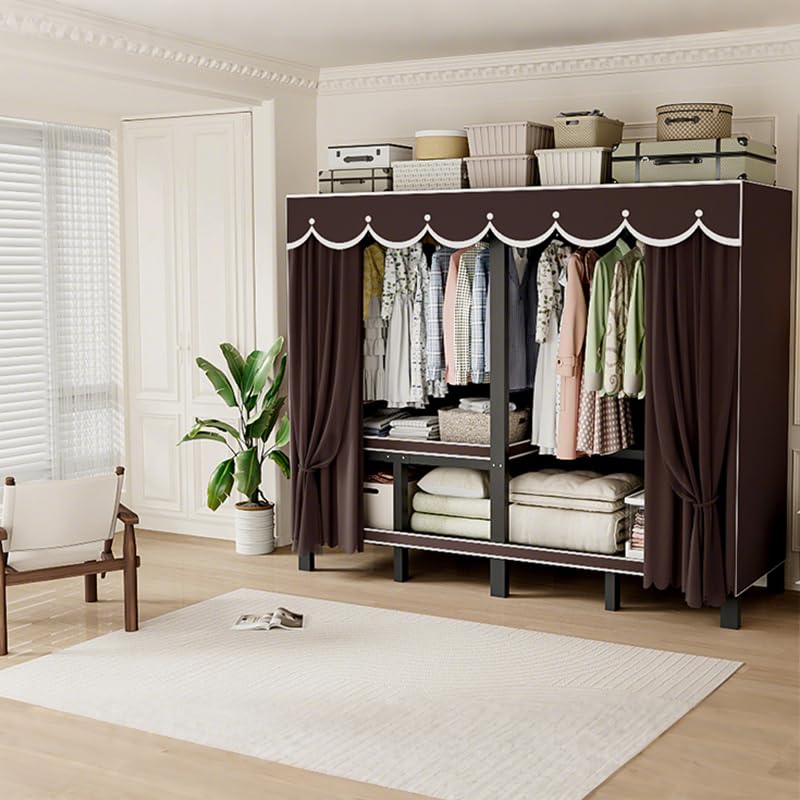 YDEHUEAD 84.5in/7.04ft Foldable Portable Wardrobe Closet with Cover, Heavy Duty Clothing Rack for Hanging Clothes has 59in Vertical Storage Space, Coffee Metal Garment Rack (c, L:84.46")