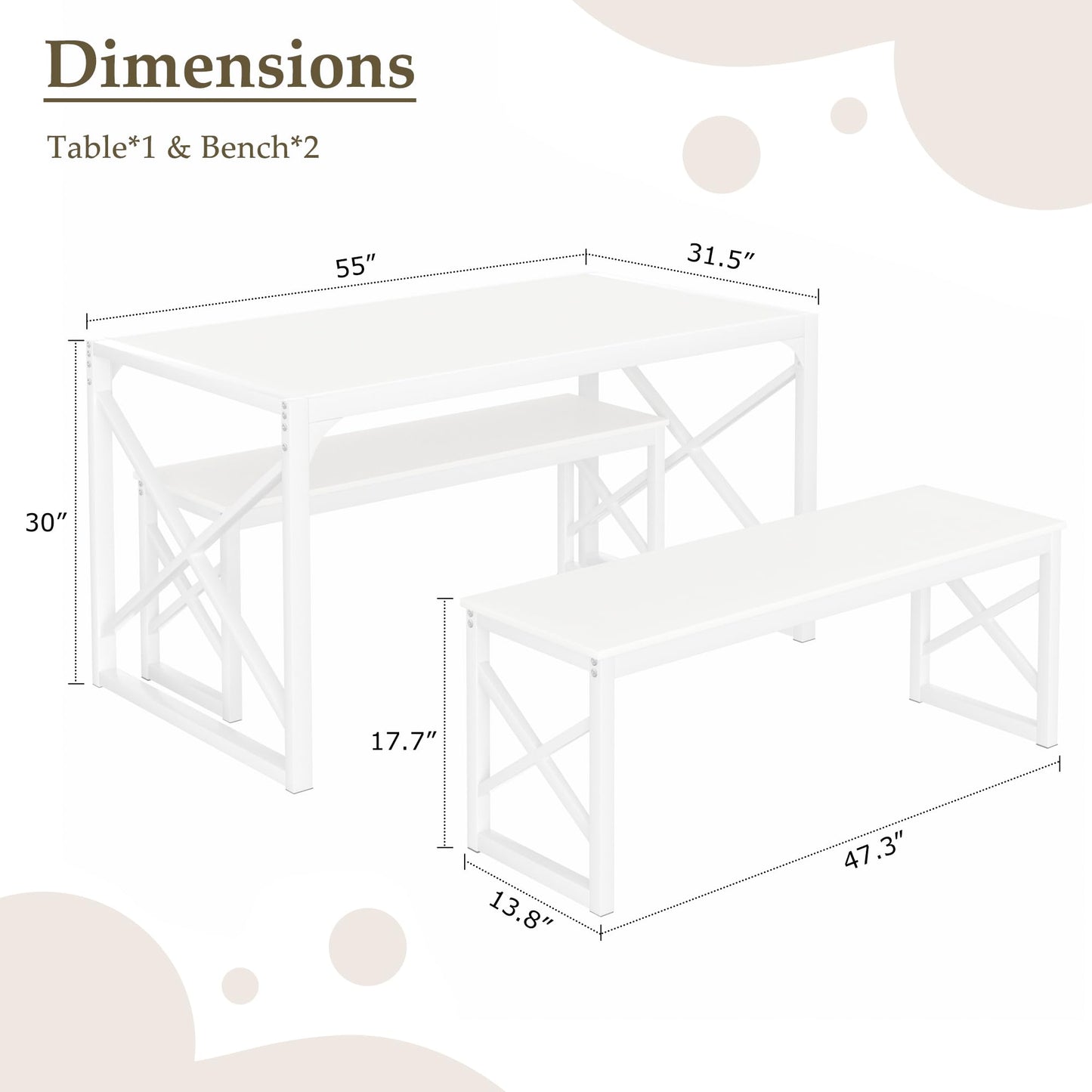 VECELO Kitchen Dining Table Set for 4, 55" Wood Rectangle Dinette with 2 Benches, Heavy-Duty Metal Frame for Small Space, Breakfast Nook, White