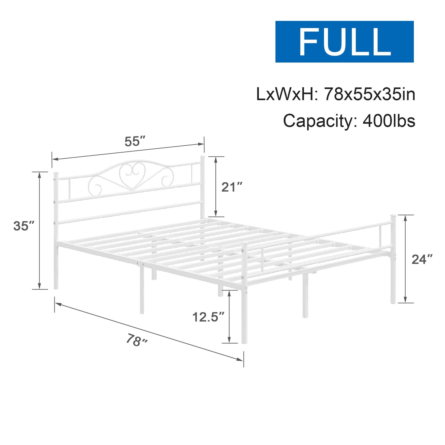 VECELO Full Size Metal Platform Bed Frame with Headboard and Footboard, Heavy Duty Mattress Foundation with Steel Slats Support, No Box Spring Needed, White