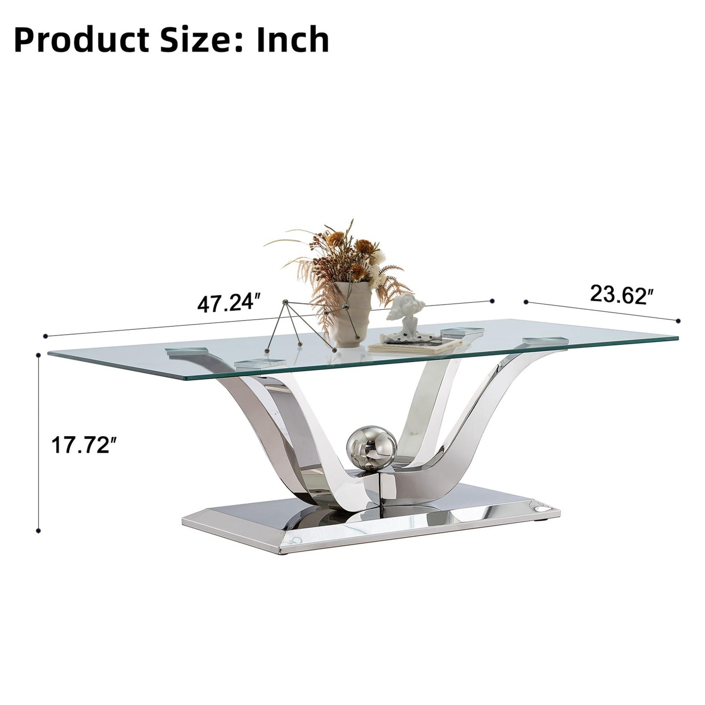 47" Glass Coffee Table, Modern Silver Cofee Table Living Room Table with Gorgeous Mirrored Stainless Steel Base,Luxury Rectangular Center Coffee Tables for Living Room,Apartment,Office