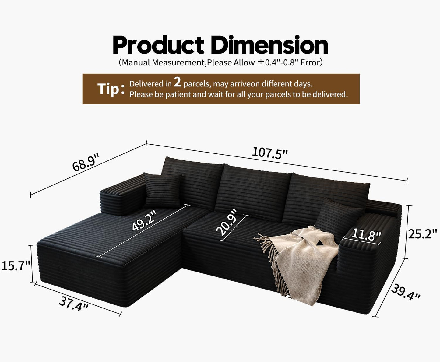 107.5" Cloud Modular Sectional Sofa Couch with L-Shape Chaise,Modern Minimalist Upholstered Couches for Living Room Bedroom,Deep Seat Corner Couch,No Assembly Required (Black,Left Facing Chaise)