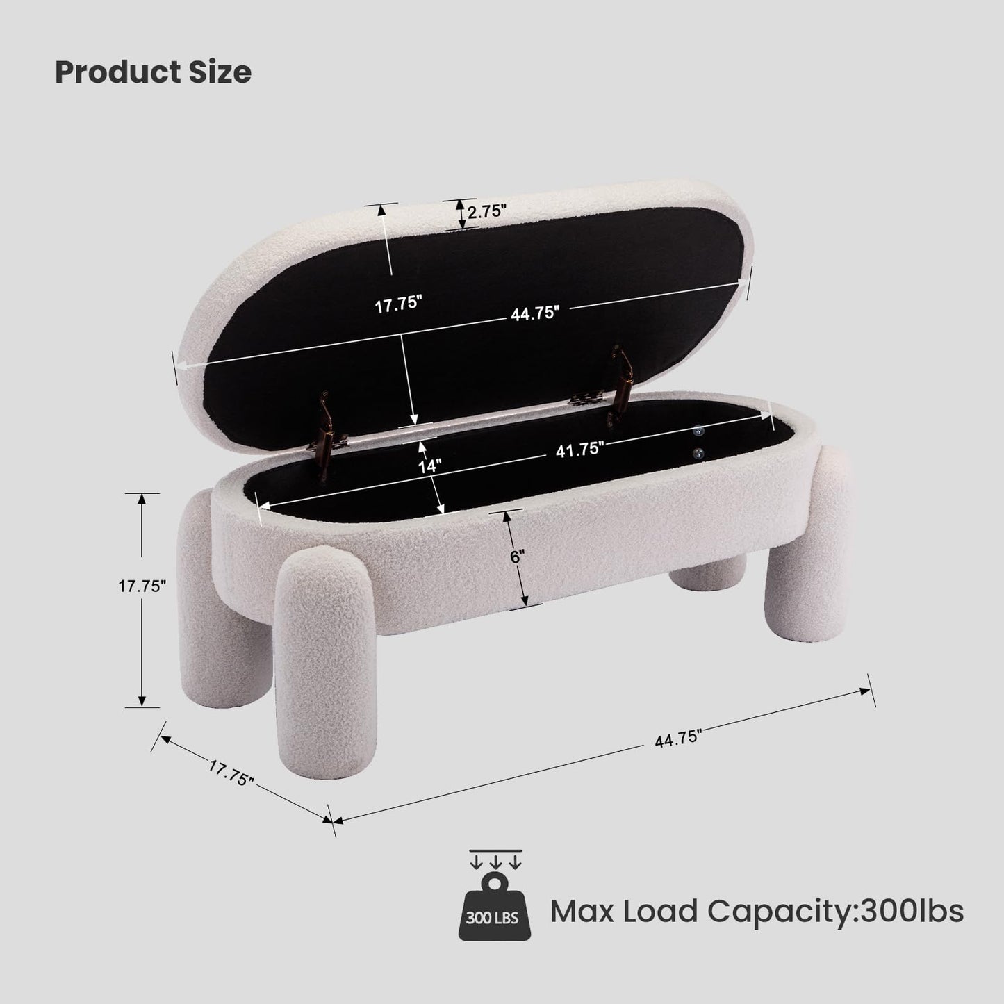 Ya-Home Modern Storage Bench, 44.7 Inch Upholstered Ottoman Bench Sherpa Fabric End of Bed Stool, Cute Entryway Bench for Bedroom Living Room Entryway, White