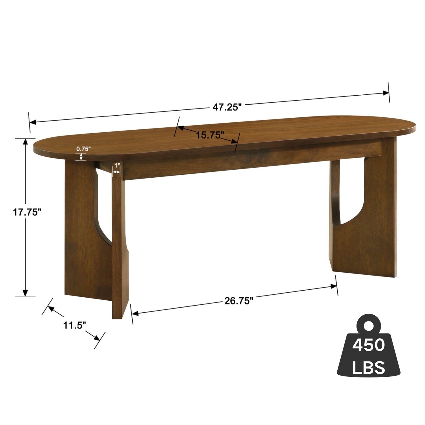 Wooden Dining Bench, 47-Inch Long Kitchen Bench, Mid Century Modern Entryway Bench for Dining Room, Entryway, Living Room, Hallway, Easy to Assemble (Walnut)