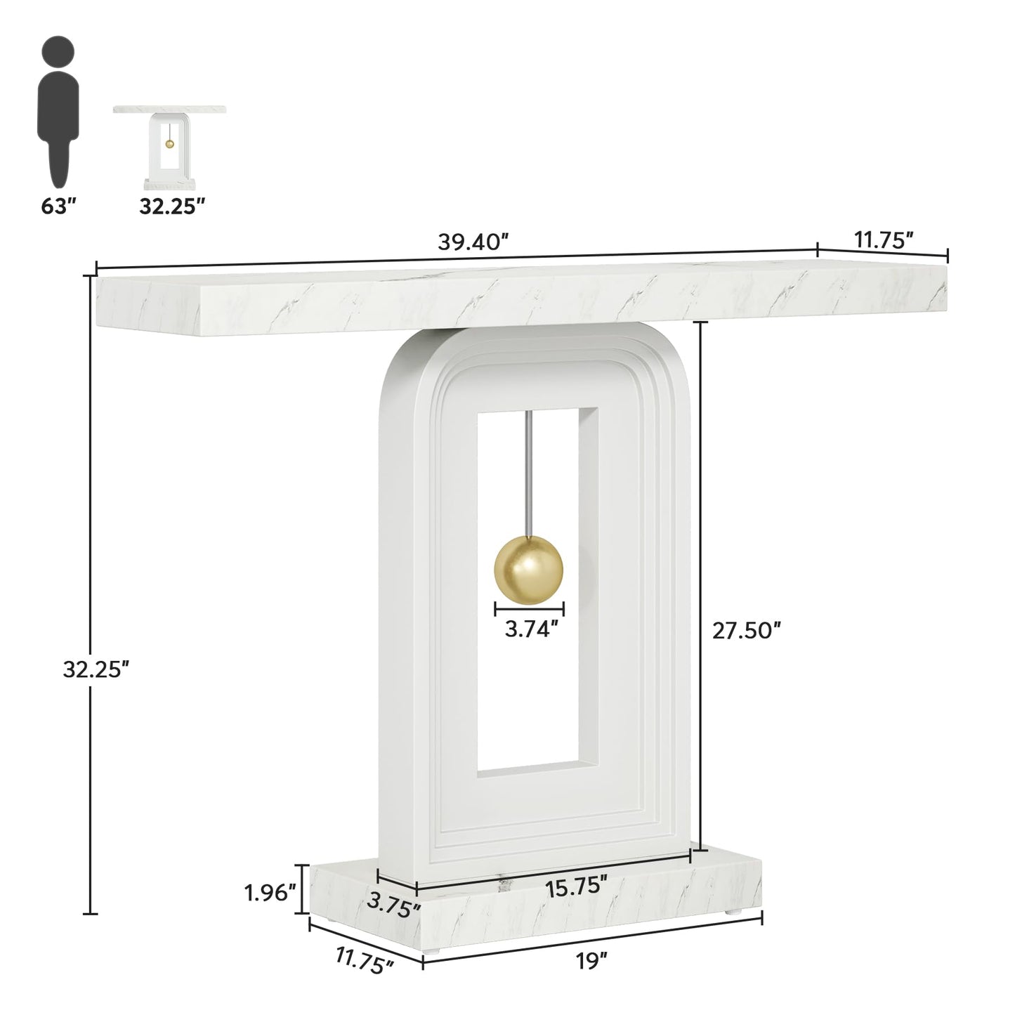 Tribesigns Modern Console Table, 40 Inches Narrow Sofa Entryway Table with Pendulum Shape Base, Contemporary Marble Accent Table for Living Room Hallway Entrance, White