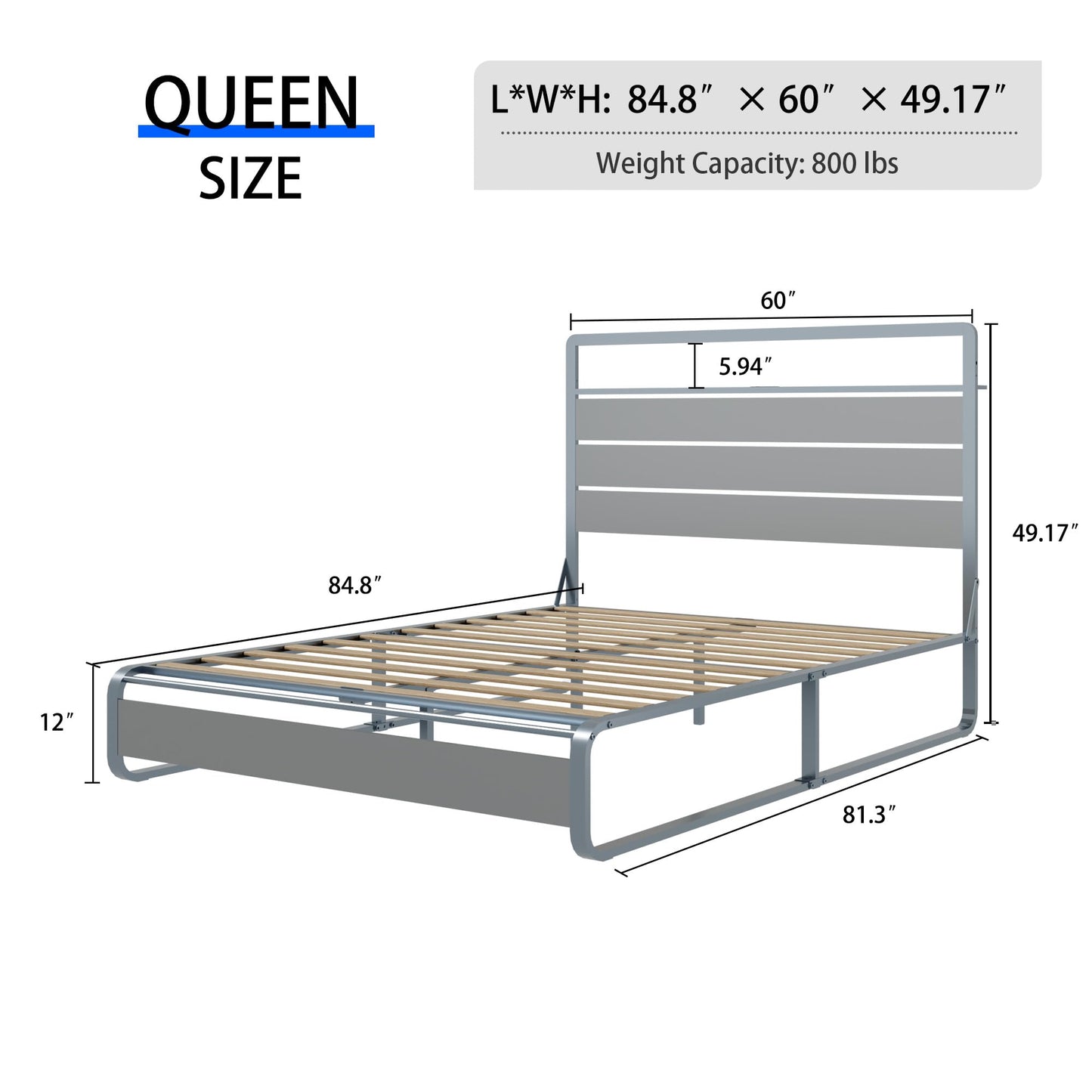 VFJ Large Bed Frame with headboard, Metal Platform Bed Frame with Charging Dock, Heavy-Duty Platform Bed Frame with LED Lights, Easy to Assemble, Silver