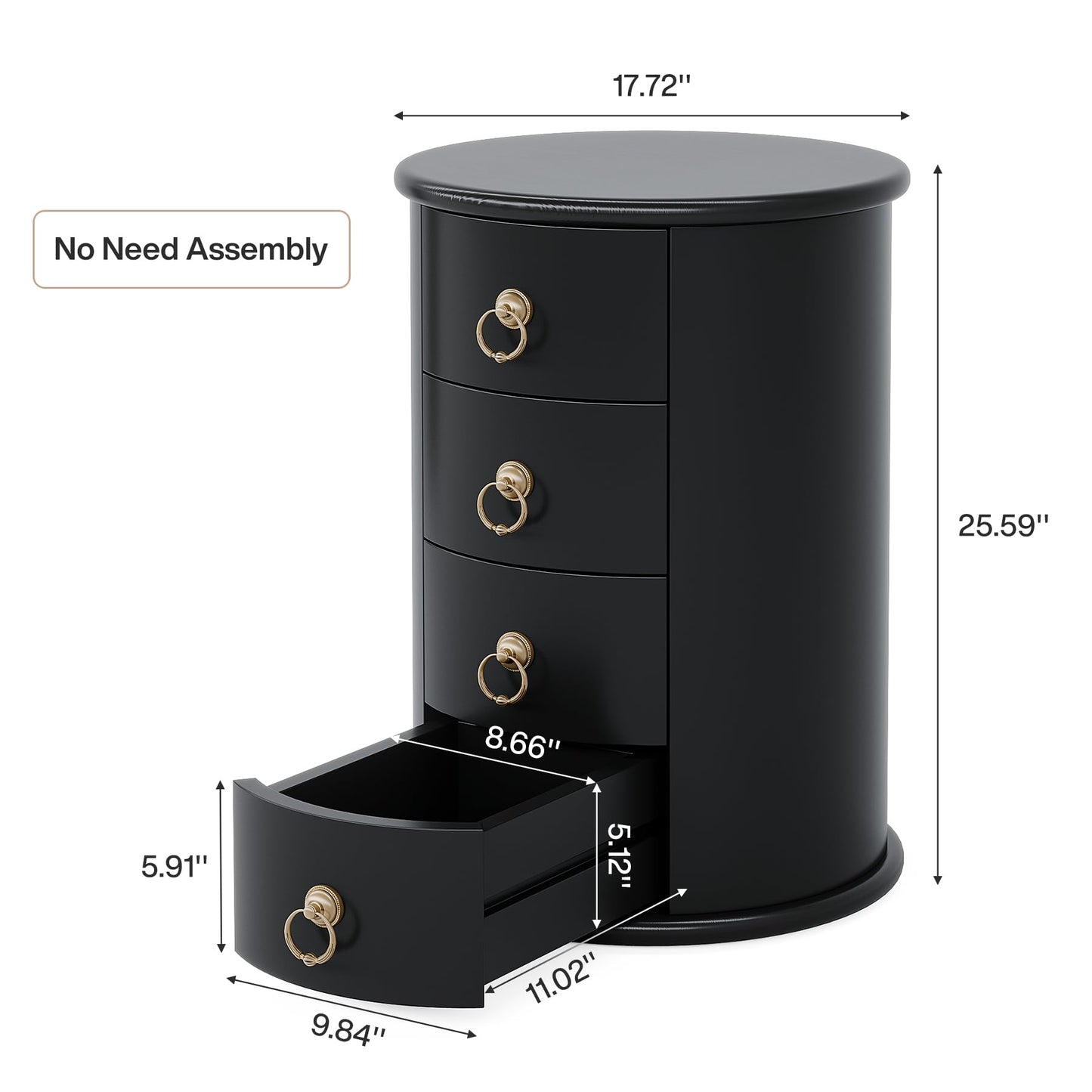 Tribesigns Solid Wood Nightstand, Round Night Stand with 4 Drawers, Rustic Bedside Table Tall Nightstand for Bedroom, Living Room, No Assembly Required (2, Black)