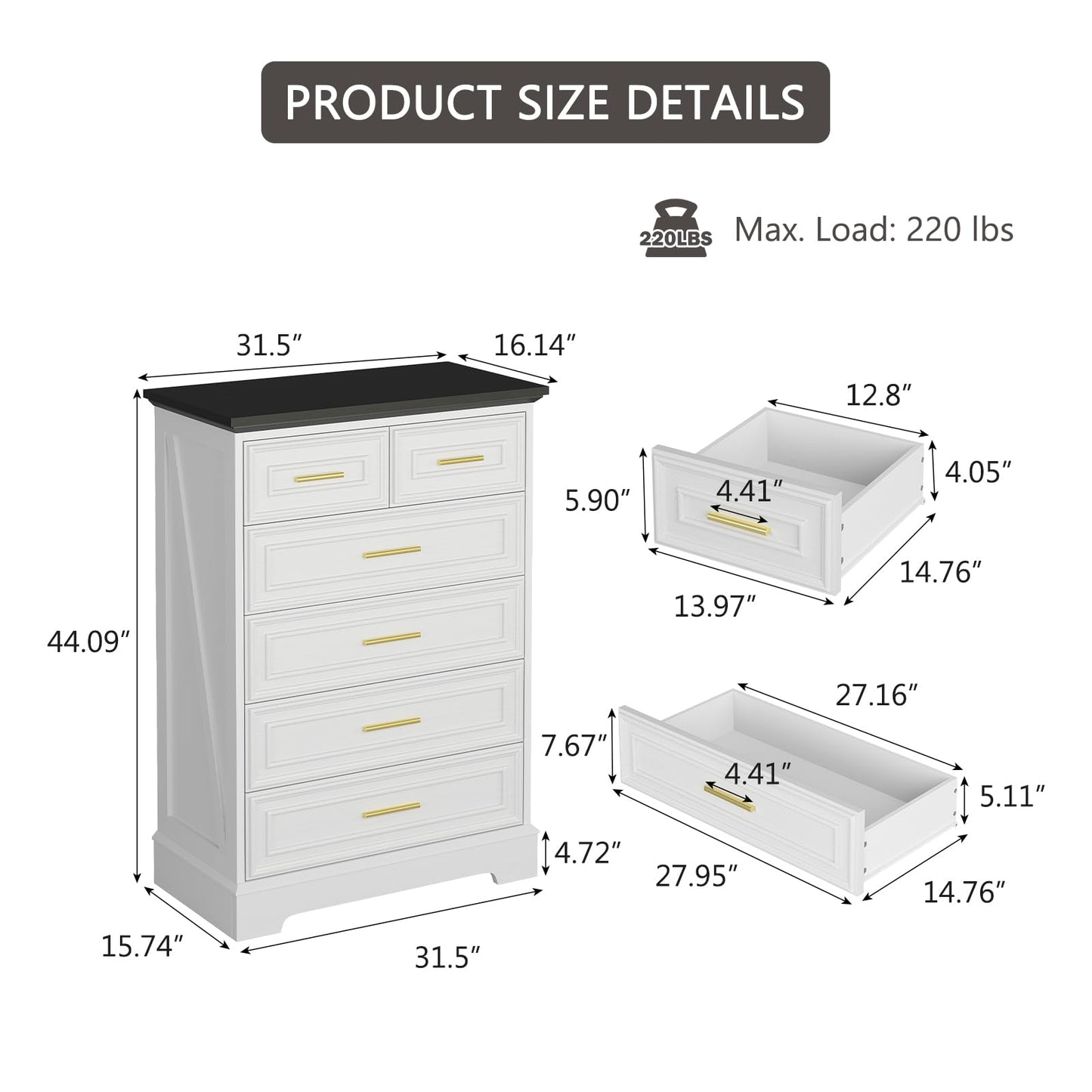 Virabit White Dresser for Bedroom with 6 Drawers, 44" Tall Wooden Farmhouse Cabinet, Modern Kids Dresser with Metal Handle, Mid Century Chest of Organizer for Closet, Living Room, Hallway