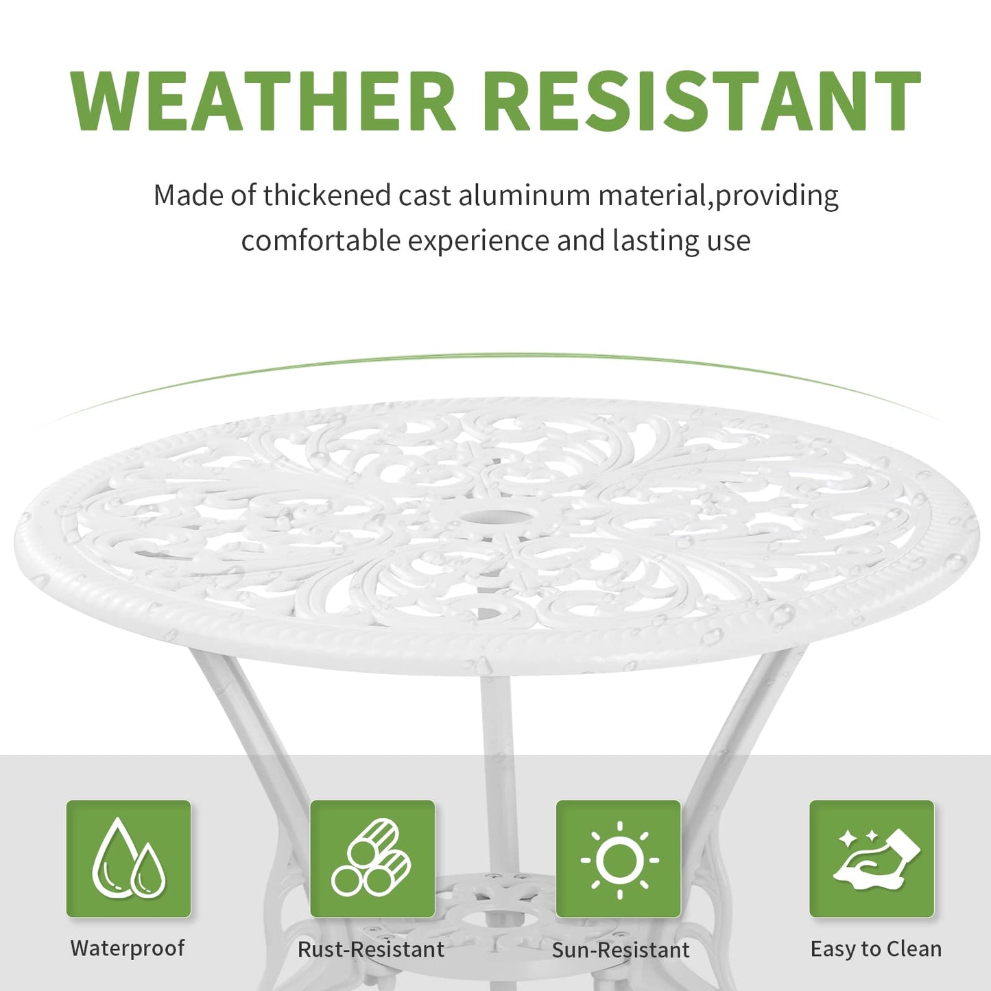 Withniture Bistro Set 3 Piece Outdoor Cast Aluminum Patio Bistro Set with Umbrella Hole, All Weather Bistro Table and Chairs Set, Small Patio Furniture Set for Garden, Porch,White