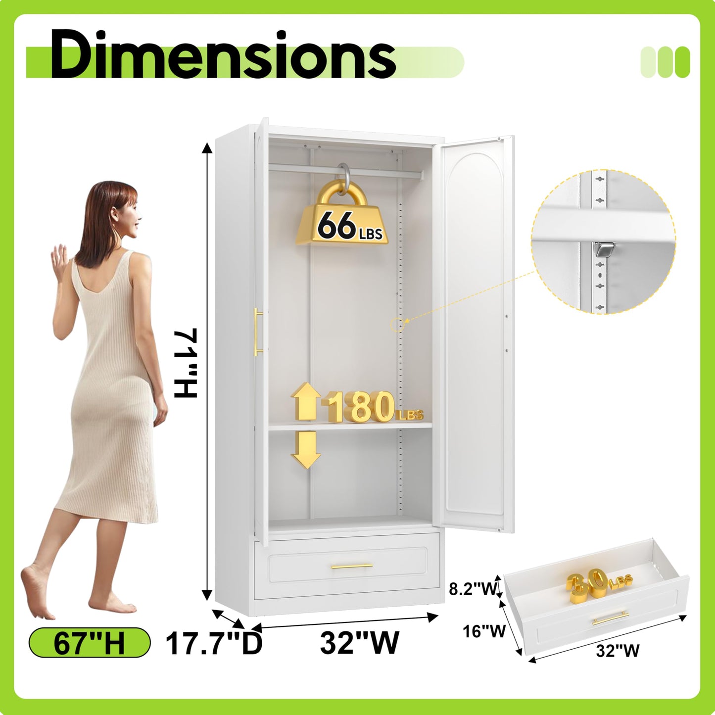 UNICOLY Armoire Wardrobe Closet with Doors, 71'' Wardrobe Cabinet with Hanging Rod, Metal Closet with 2 Adjustable Shelves for Bedroom School, Employee, Gym, Armarios De Ropa para Dormitorio, White