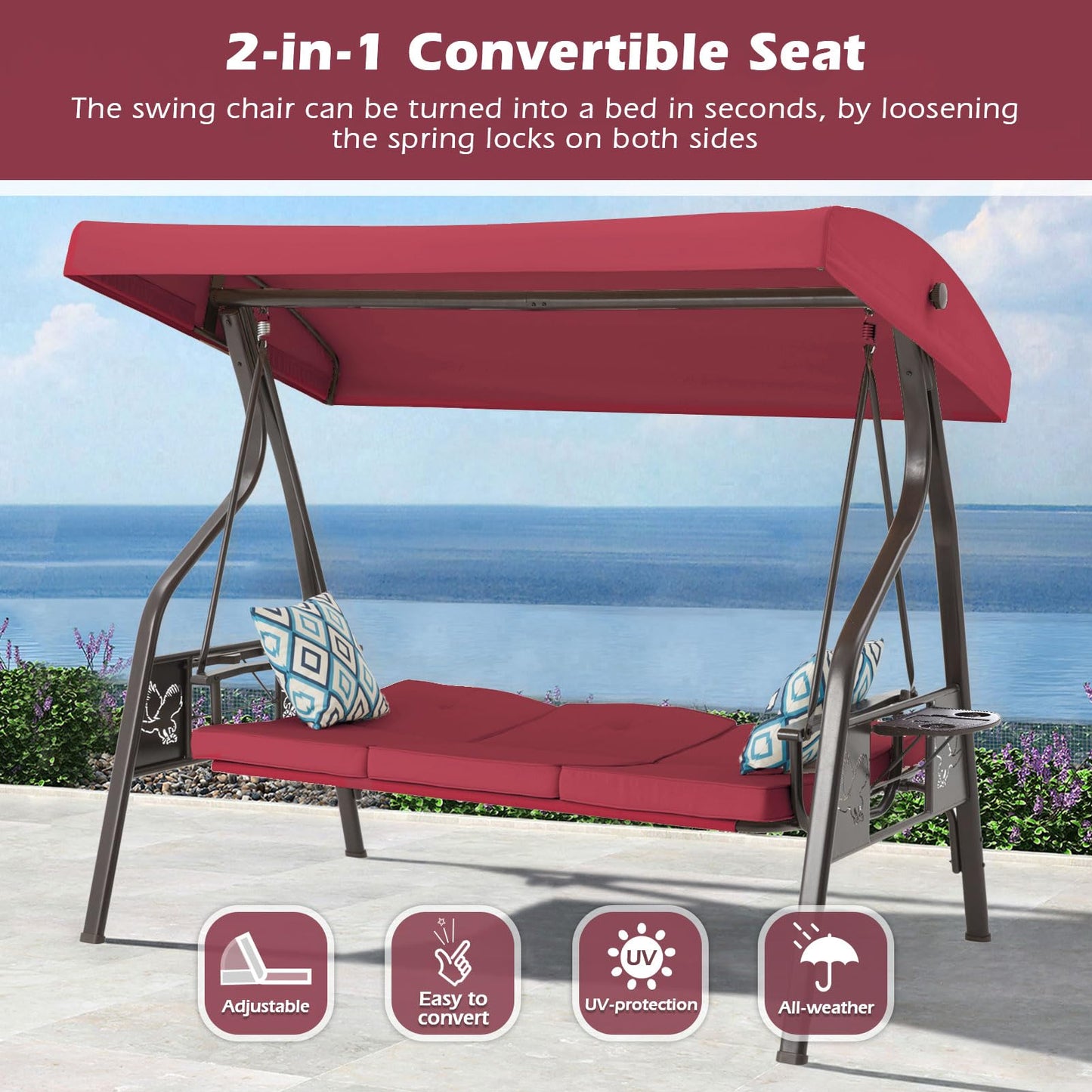 ZZW 3-Seat Outdoor Porch Swing with Stand, Patio Swing with Canopy, 2 in 1 Porch Swing Bed & Patio Swing Chair for Adult w/Extra Pillows and Cup Holder for Yard (Wine Red)