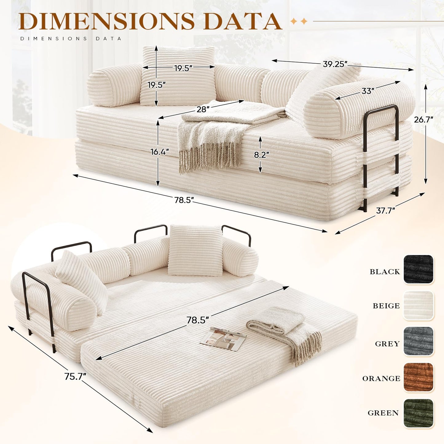 78.5"W Convertible Folding Sofa Bed, Corduroy Upholstered Queen Size Foam Floor Couch with Fixed-Shaped Frame, Loveseat Sleeper Compression Sofa Foldable Mattress for Living Room, Bedroom(Beige)