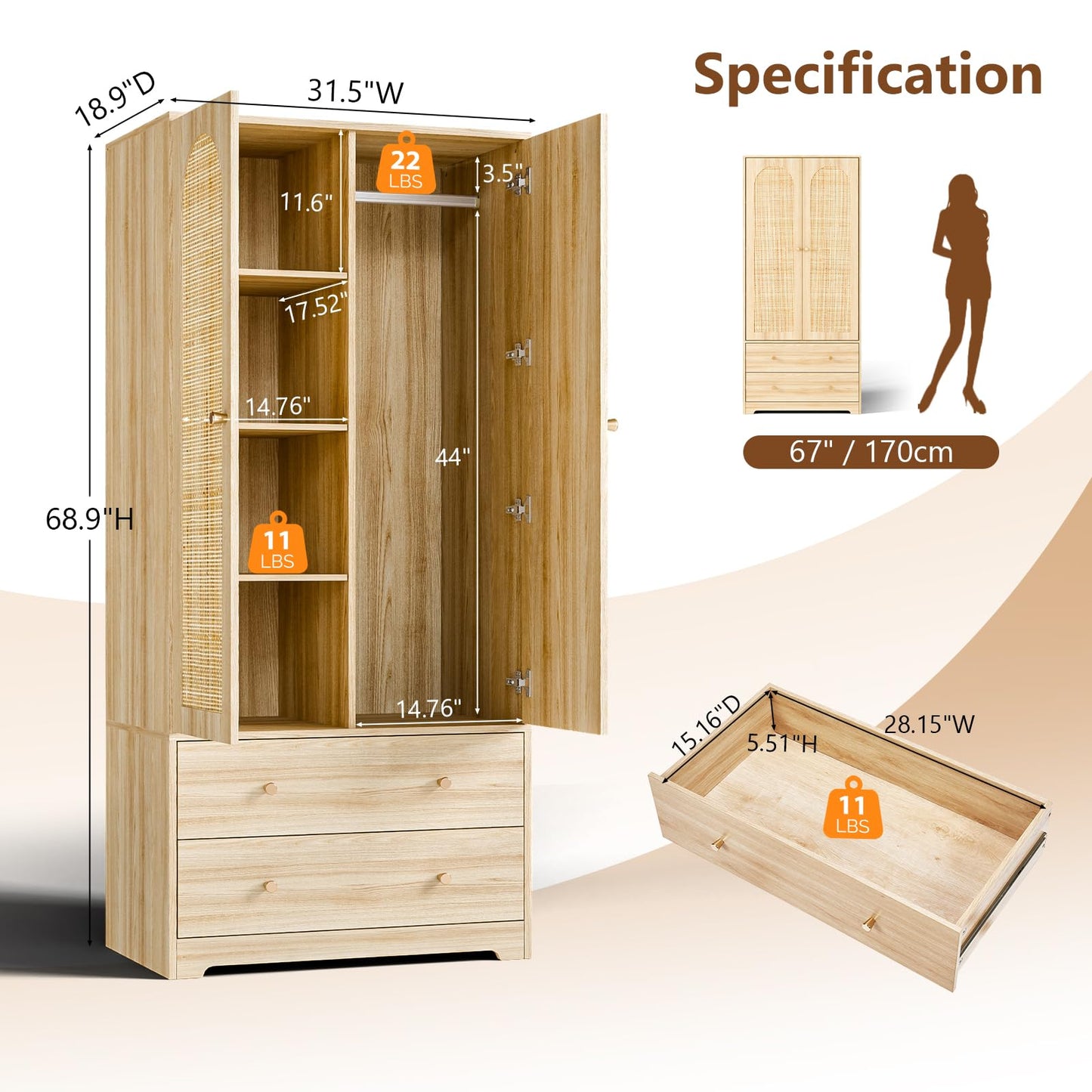 VINGLI Wardrobe Closet with Doors, Rattan Armoire Wardrobe Closet with Drawers & Hanging Rod, Wooden Armoire for Hanging Clothes, Natural Oak, 68.9" H