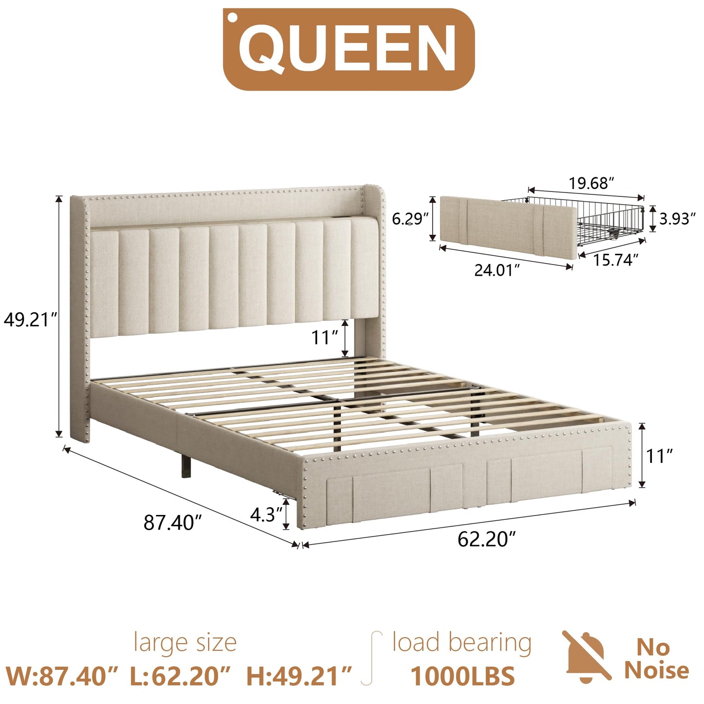 viplov Queen Bed Frame with Headboard and Storage, Platform Bed Frame with 2 Drawers, Upholstered Bed Frame with Storage, Built-in Charging Station, No Box Spring Needed, No-Noise, Beige