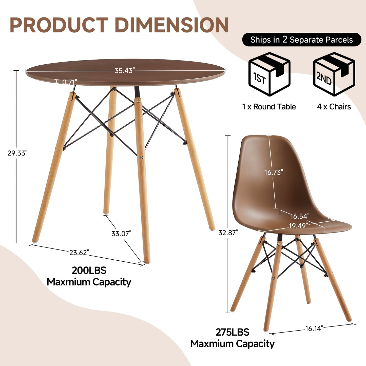 Yuqunfur Round Dining Table Set for 4 35.5" Wood Dinner Table Circle Dining Table Kitchen Table Chairs Set of 4 with Wood Strip Base for Kitchen Living Room Space Saving Apartment(Brown)