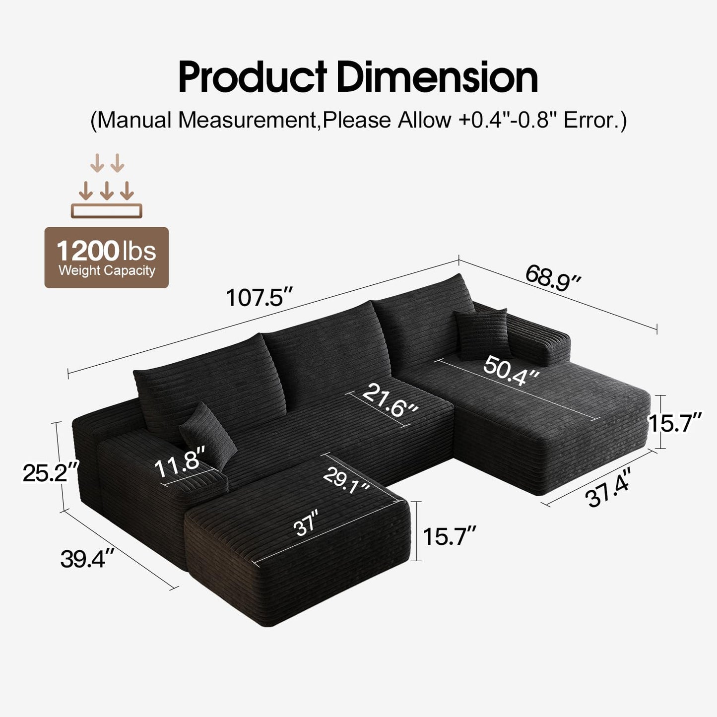 107" Comfy U-Shaped Sectional Modern Boneless Corduroy Couch with Chaise and Ottoman - No Assembly Required! Deep-Seat, Upholstered Modular Cloud Sofa for Living Room, Plush Corduroy Fabric(Black)