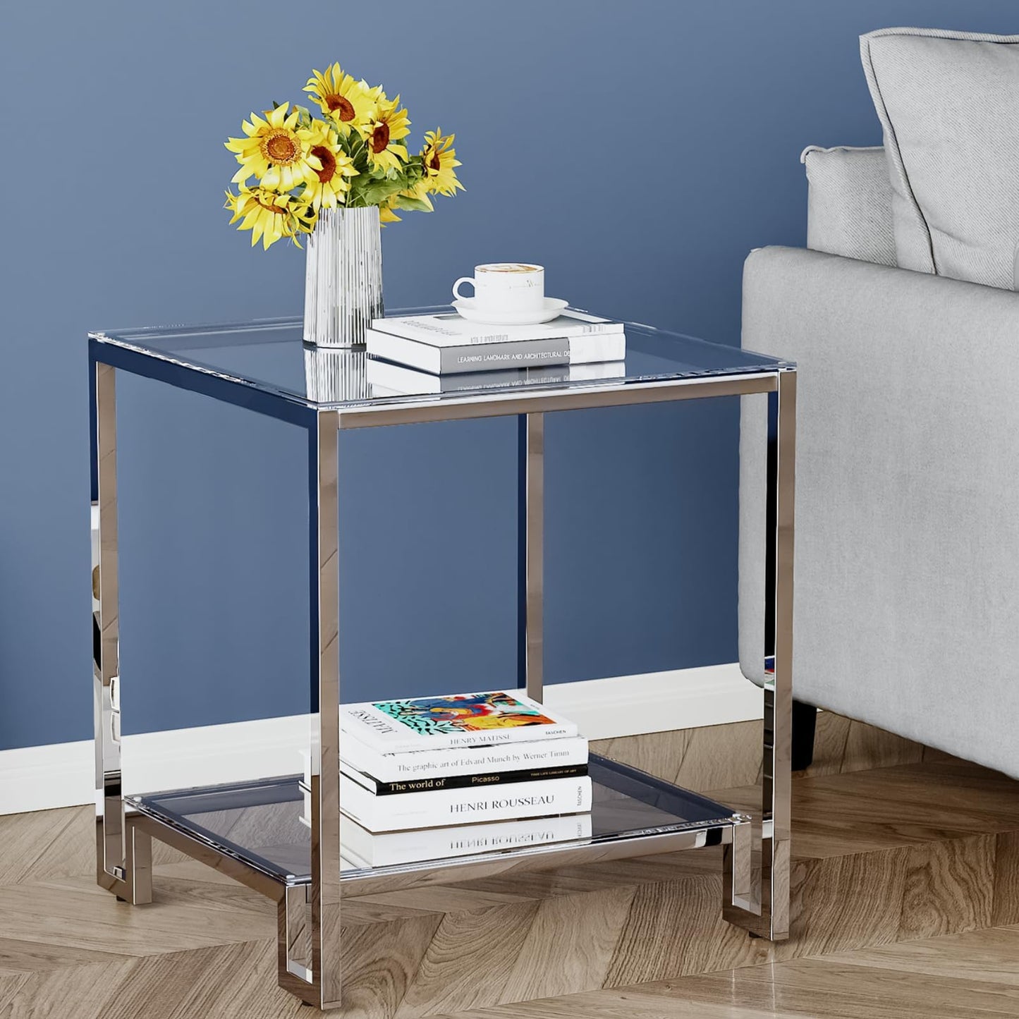 2 Tier Square End Table Side Table with Tempered Glass Top and Silver Stainless Steel Frame Modern Night Stand for Small Spaces Side Table with Storage for Living Room Bedroom
