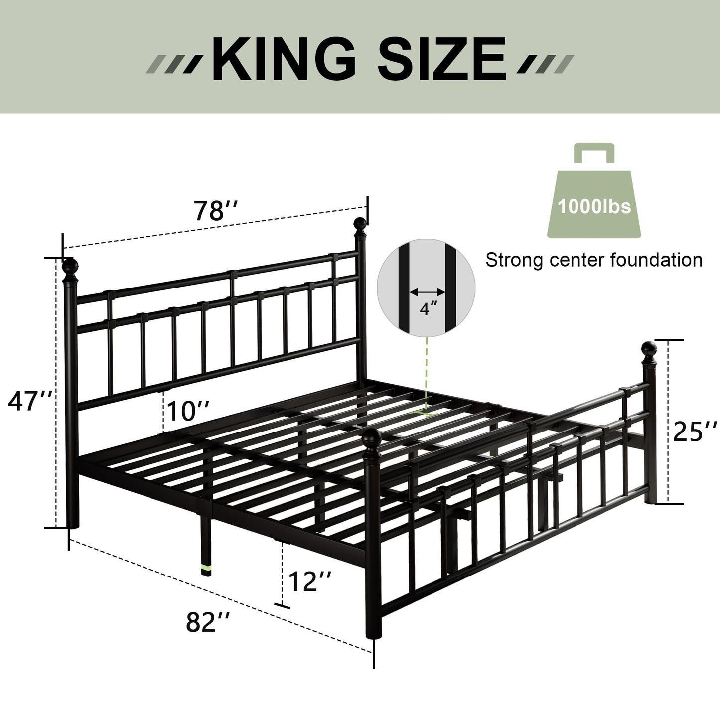 Feonase King Size Metal Platform Bed Frame with Victorian Classic Iron-Art Headboard & Footboard, Steel Slats Support, 12" Under Bed Storage, No Box Spring Needed, Easy Assembly, Noise-Free, Black