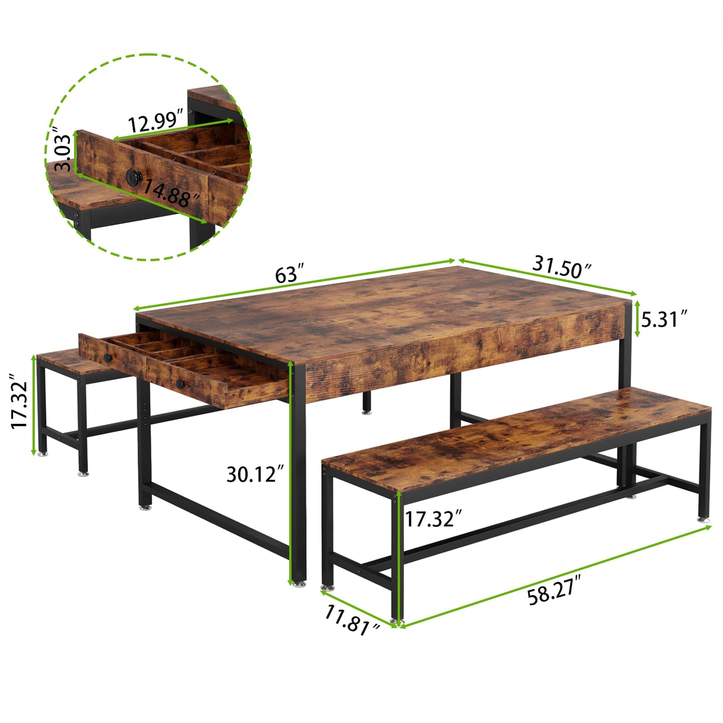 Loomie 63" Dining Table Set for 4-6, 3-Piece Kitchen Table with 2 Utensil Drawers, 2 Benches & Wine Rack, Modern Space Saving & Heavy Duty Dinner Table Set with Metal Frame & MDF Board,Rustic Brown