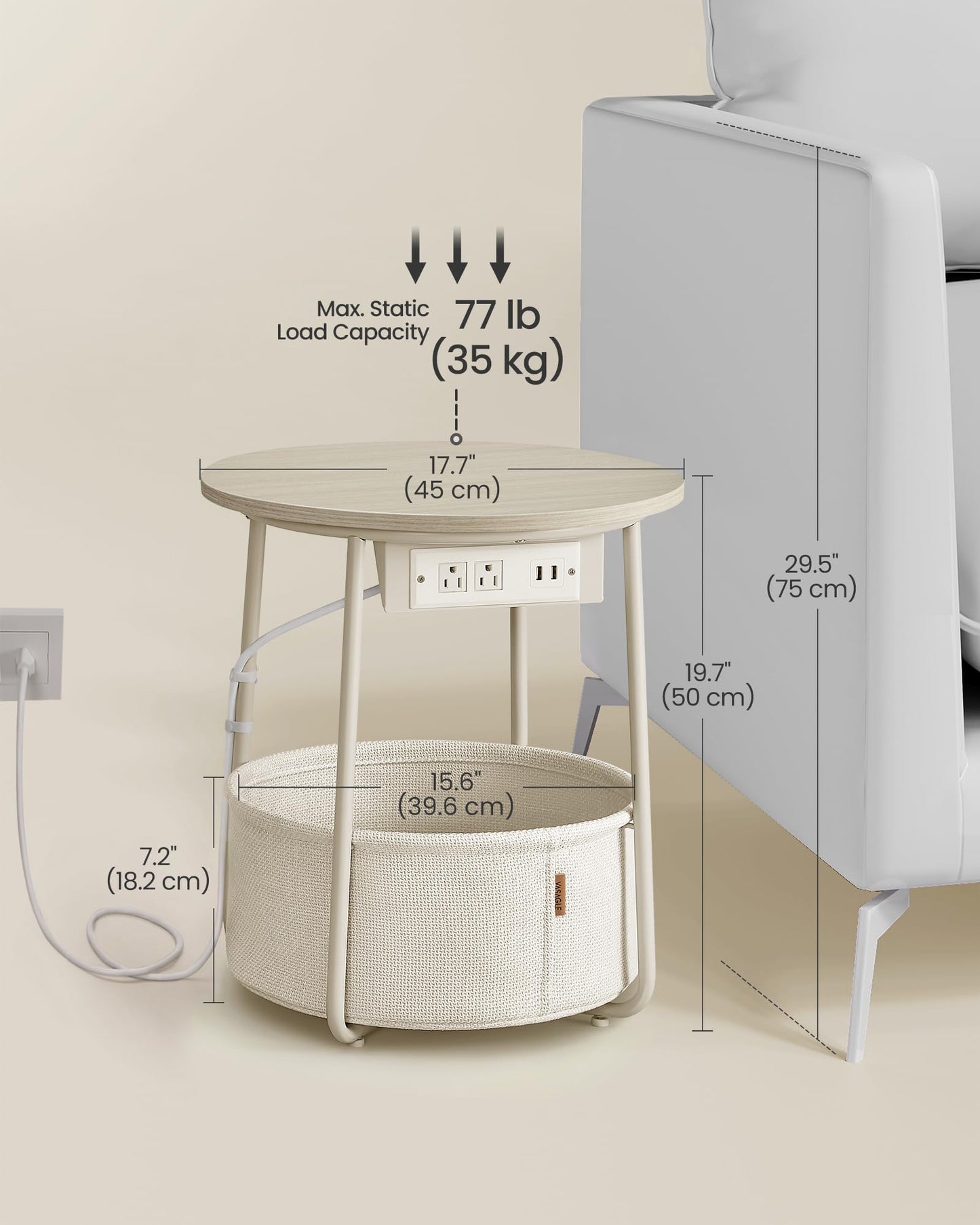 VASAGLE Side Table with Charging Station, Round End Table with Fabric Basket, Nightstand with Power Outlets, USB Ports, for Living Room, Bedroom, Modern, Cream White ULET228N01