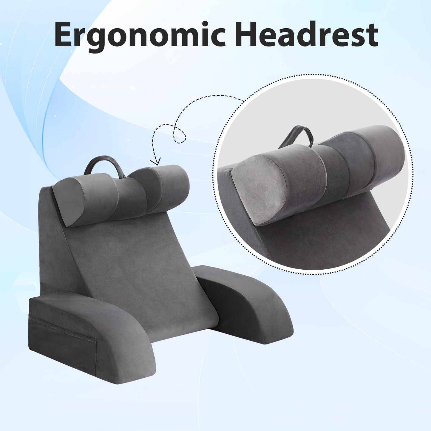 Velorose Reading Pillow for Sitting in Bed Adult, Back Pillow for Bed Sitting up, Backrest Pillow with Arms, Back Support Pillows for Gaming Lounging Watching TV, Medium 19" Grey