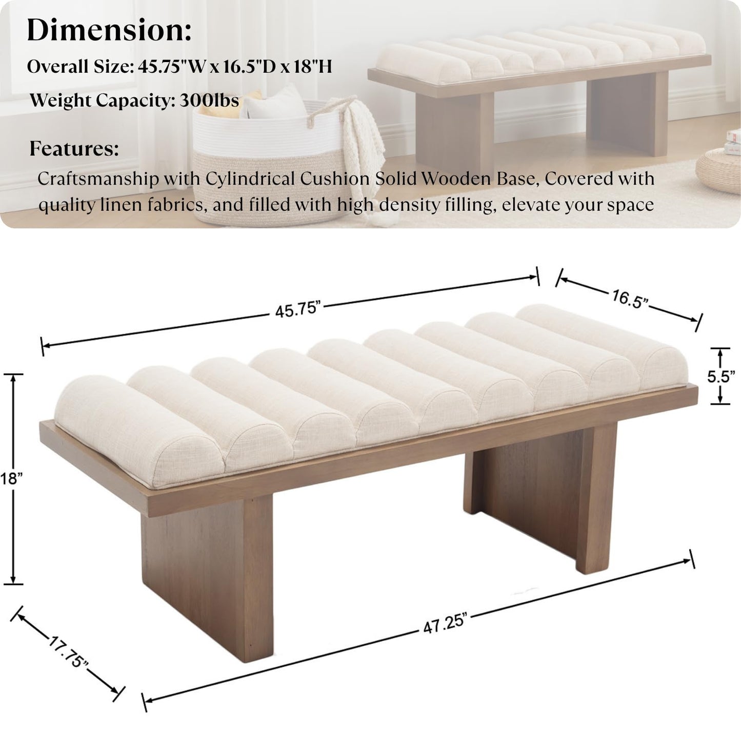 Ya-Home Modern Upholstered Entryway Bench, 47” Linen Fabric Bedroom End of Bed Bench with Cylindrical Cushion/Solid Wooden Base, Window Padded Benches for Living Room/Foyer/Hallway, Natural Leg