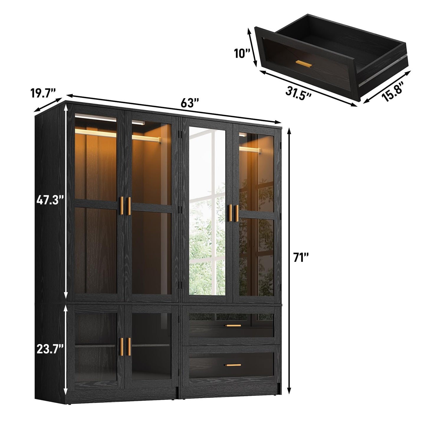 4 Doors Armoire Wardrobe Closet with LED and Mirror,71" H Freestanding Wooden Wardrobe Closet Cabinet for Bedroom w 2 Drawers,Wooden Clothing Storage Cabinet w Hanging Rod,Closets for Bedroom(Black)