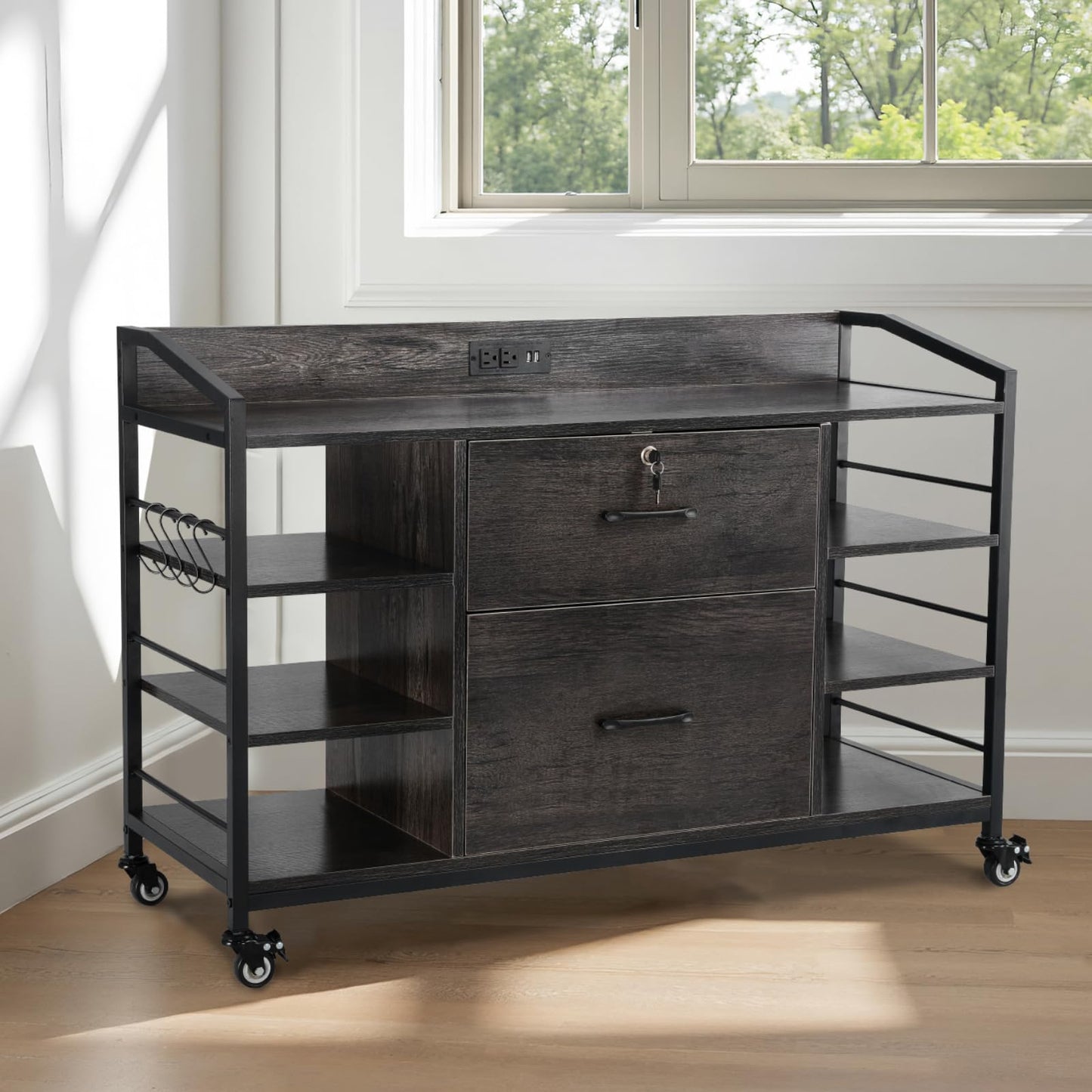 VEVOR 2 Drawers Metal File Cabinet, Lateral Filing Cabinet with Lock and 6 Open Shelves, Wooden Wide Filing Storage Cabinets with Power Strip for Letter, A4, Legal Size File, Easy Assembly, Gray