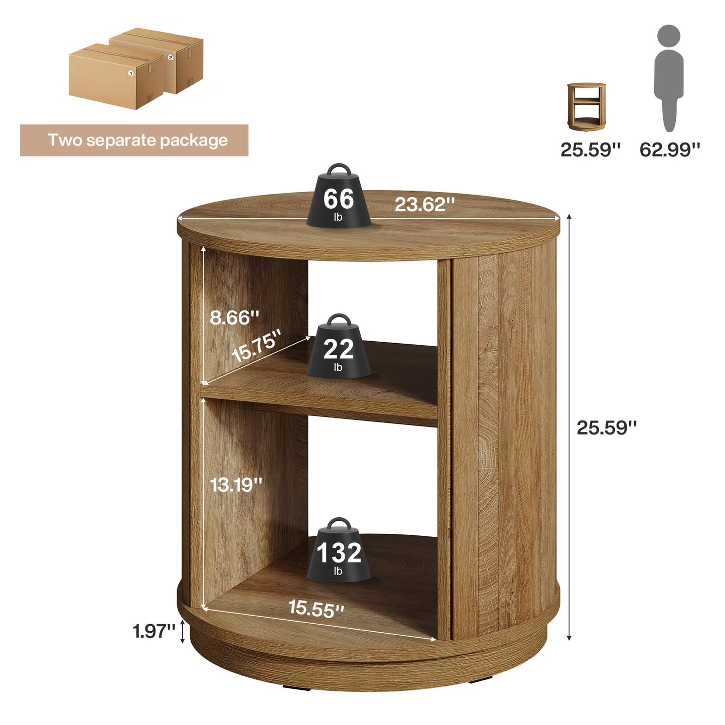 Tribesigns Round End Table Set of 2: 3-Tier Side Table with Storage Shelf, 23.6" Diameter Modern Nightstand or Bedside Stand, Small Sofa Accent Furniture for Living Room, Bedroom, Natural (2PC)