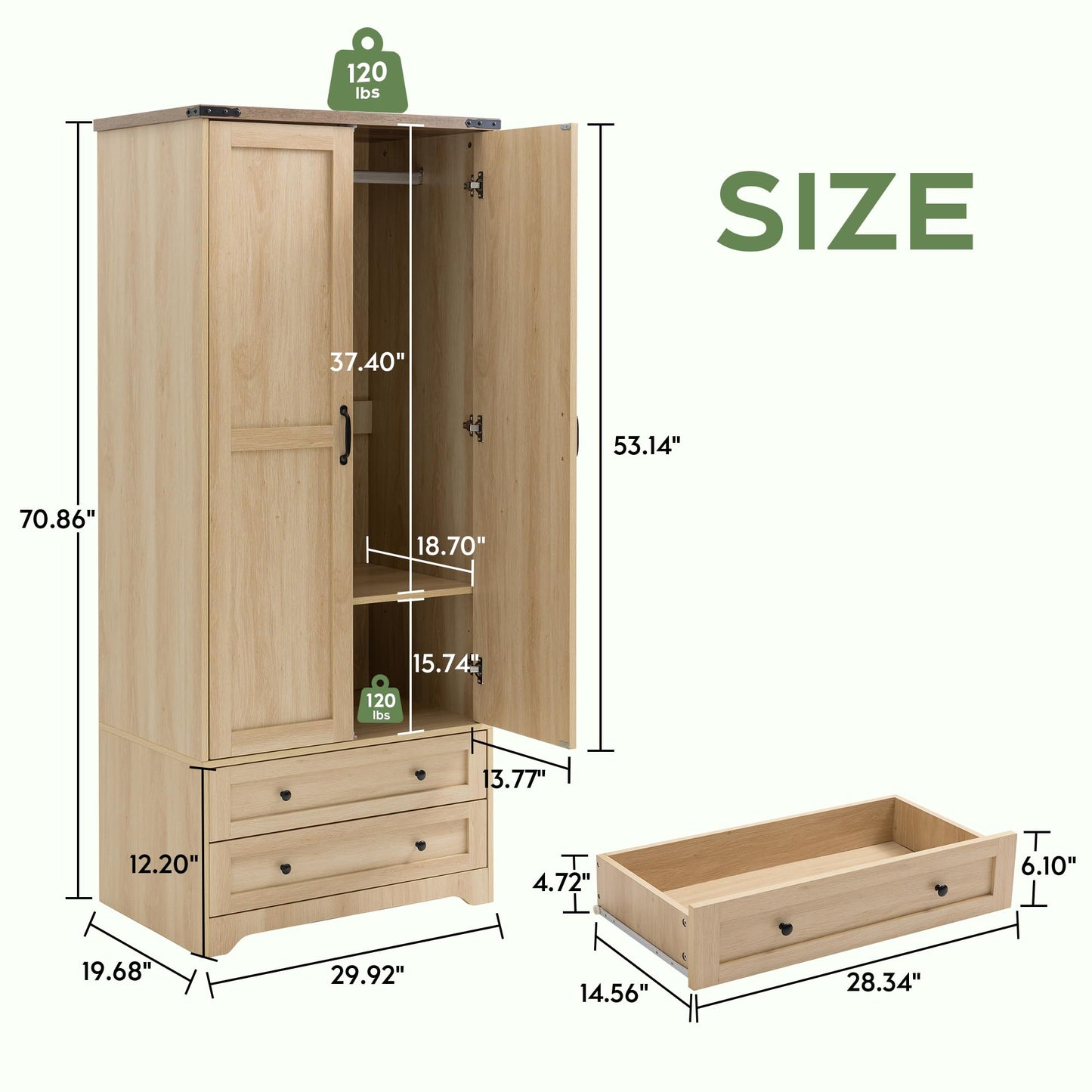 Yechen 71" Wooden Armoire Wardrobe Closet - Modern Functional Clothes Tall Storage Cabinet with Adjustable Shelf and Hanging Rail, Sturdy Freestanding Closet Wardrobe with 2 Wide Drawers (Natural)