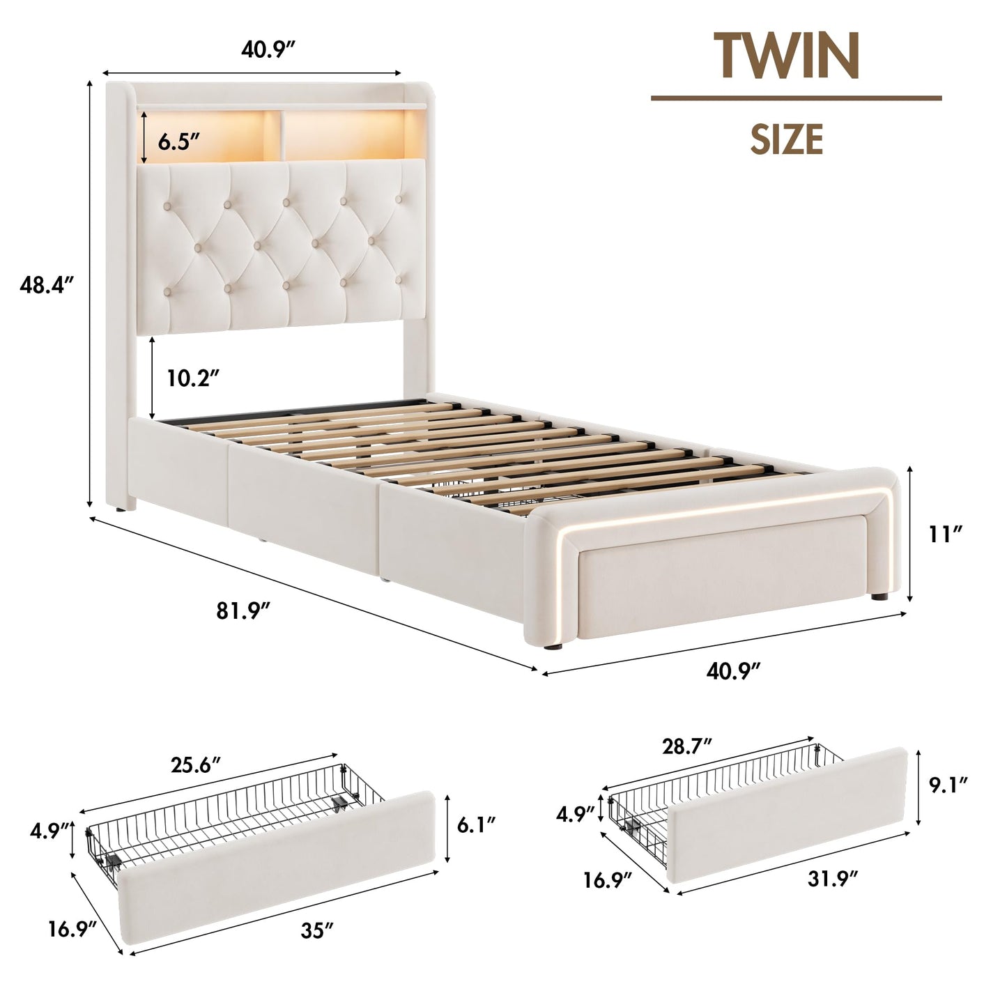 VINTLJUS Twin LED Bed Frame with Storage Headboard & Charging Station, Velvet Fabric Platform Bed Frames with 3 Drawers, No Box Spring Needed, Button Tufted Upholstered, Beige
