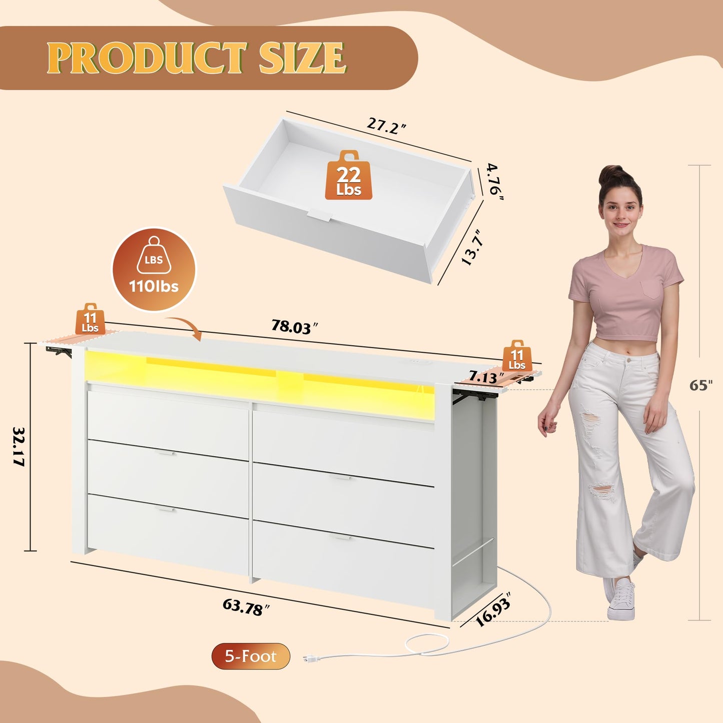 WLIVE 78 Inch Dresser for Bedroom, Large Chest of Drawers Expandable White Wood Dresser from 5'3" to 6'5'' with Flexible Shelves and Hanging Rack, Led Dressers for Living Room (85'' TV)