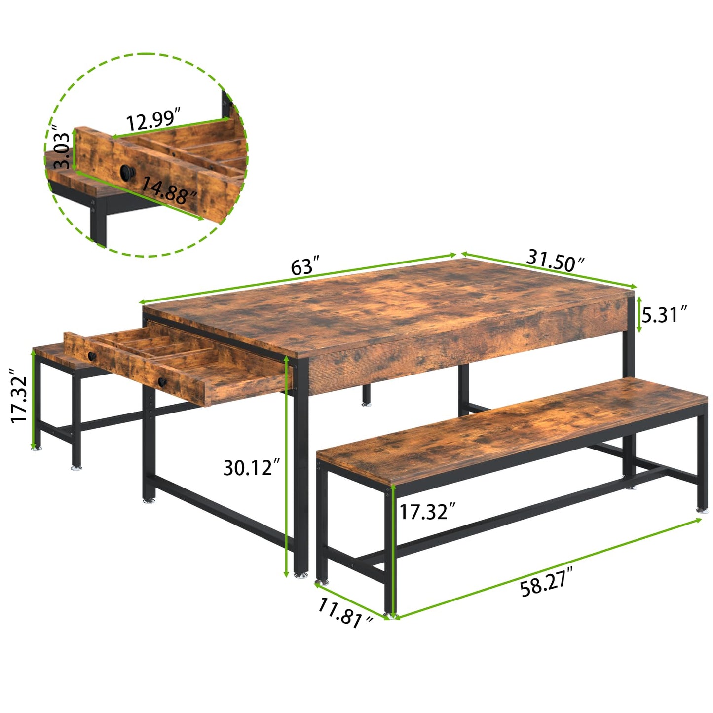 63" Kitchen and Dining Table Set for 6, 3-Piece Dining Room Table with 2 Long Benches, Kitchen Dinner Tables Set with Storage Drawer, Breakfast Nook Tables with Wine Rack, Space Saving Design (Rustic)