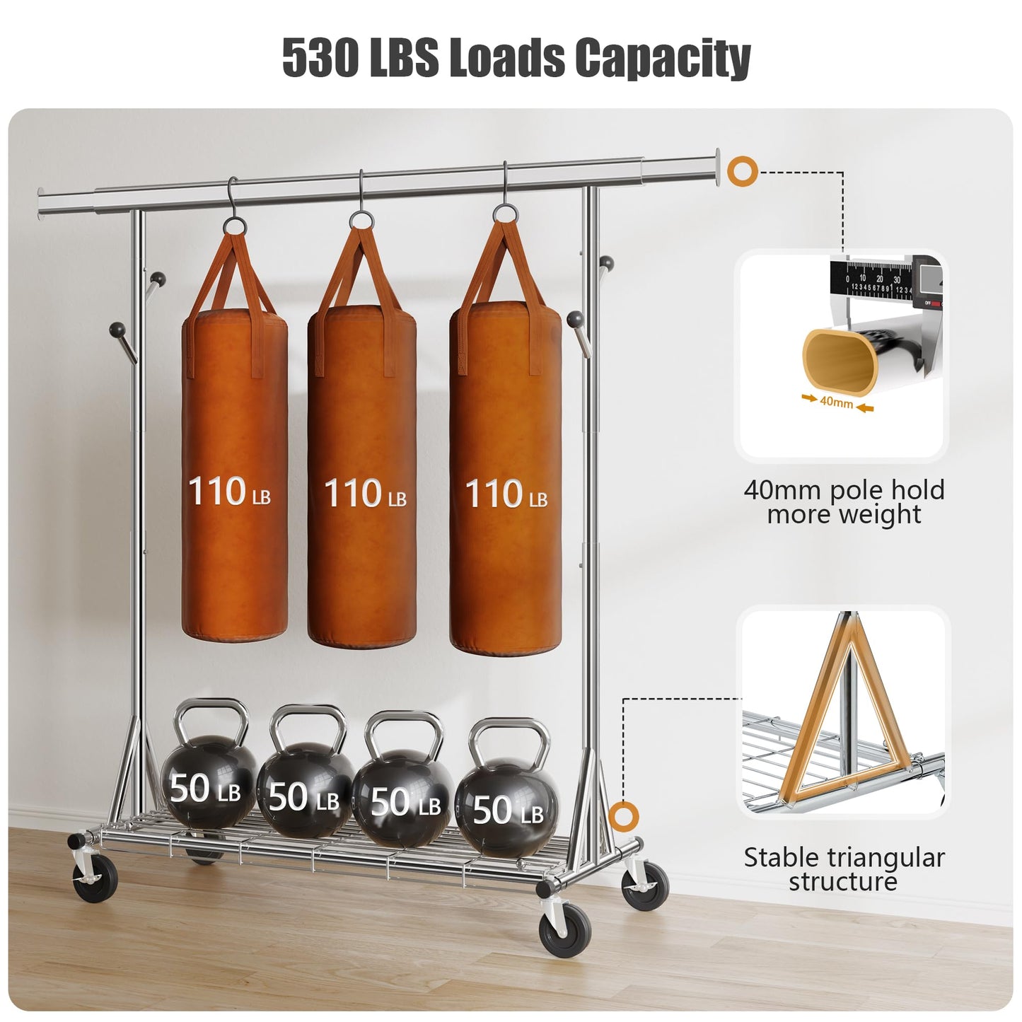 Gewudraw Heavy Duty Clothes Rack Load 530 LBS Metal Clothing Garment Rack Hang 200 pieces of clothing on Wheels Collapsible Rolling Portable & Adjustable with Hook for Hanging Clothes