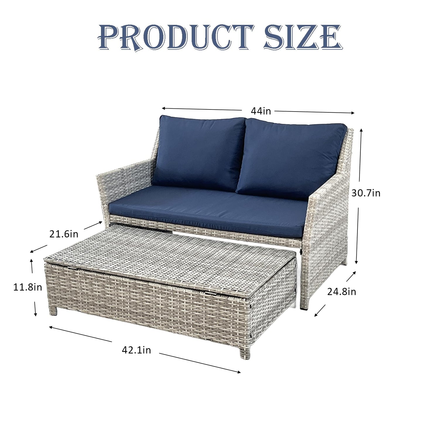 2 Piece Patio Sofa, Outdoor Patio Loveseat with Built-in Storage Bin, Wicker Couch with Coffee Table, for Balcony,Porch,Pool (Grey-Blue)